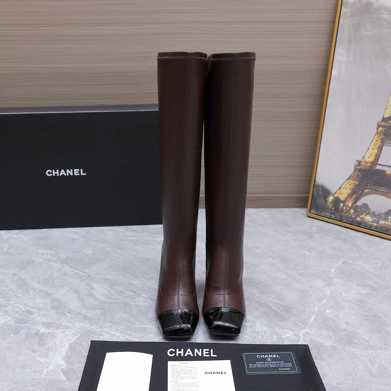 Chanel Cowhide Glossy Square-Toe Knee-High Boots in Brown · view 3