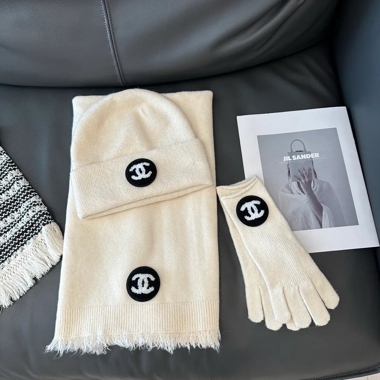 Chanel Hat Scarf and Gloves Set in Black & Grey & Beige & White · view 3