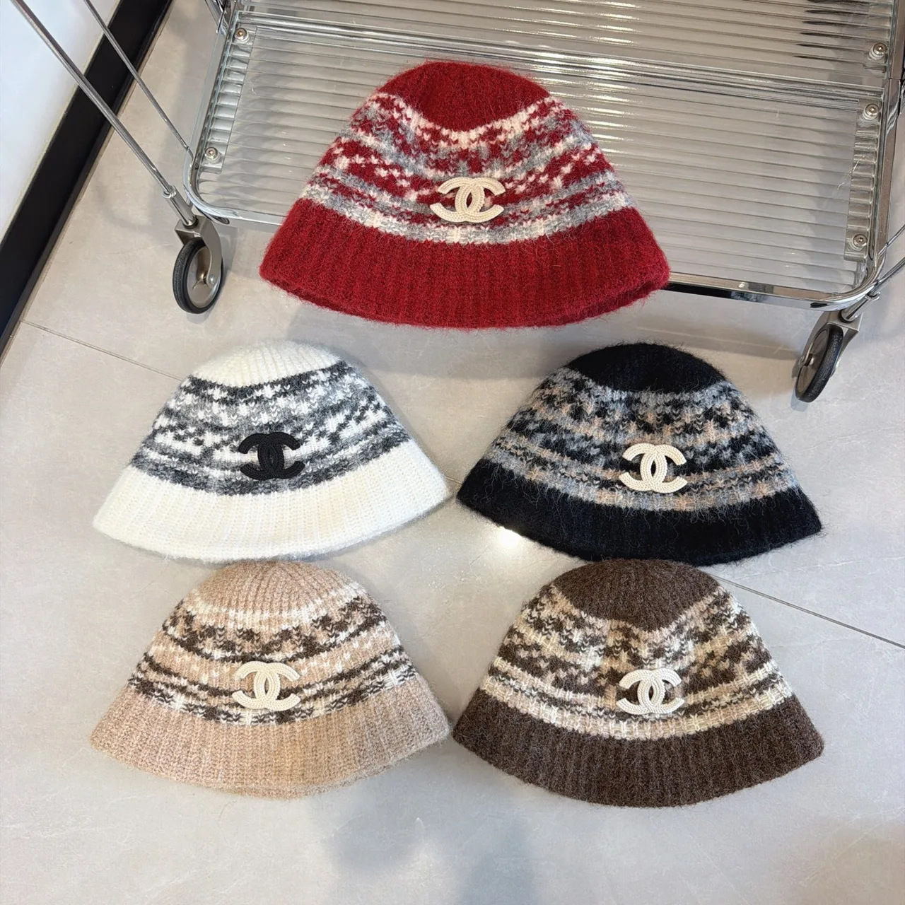 Chanel Pattern knit bucket hat in Red & Beige & White & Black & Brown · view 6