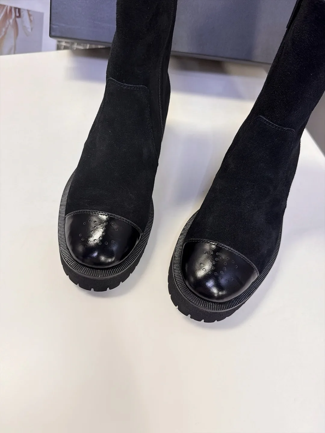Chanel Cowhide Patent Leather Suede-Look Pointed-Toe Ankle Boots in Black · view 6