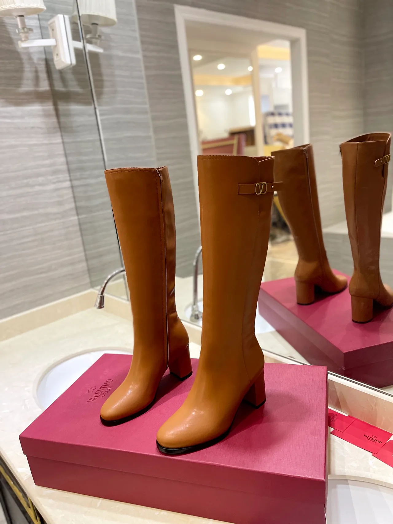 Valentino Leather Glossy Buckle Knee-High Boots in Brown · view 2
