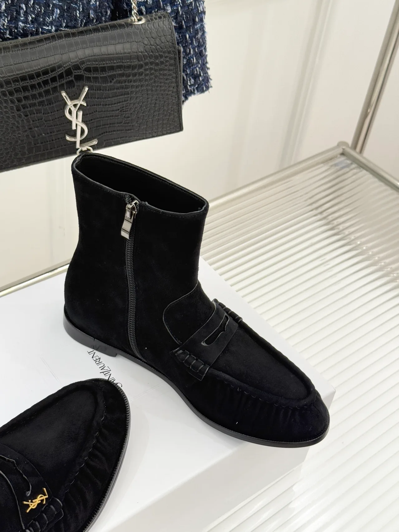 Saint Laurent Glossy Suede-Look Round-Toe Ankle Boots in Black · view 3