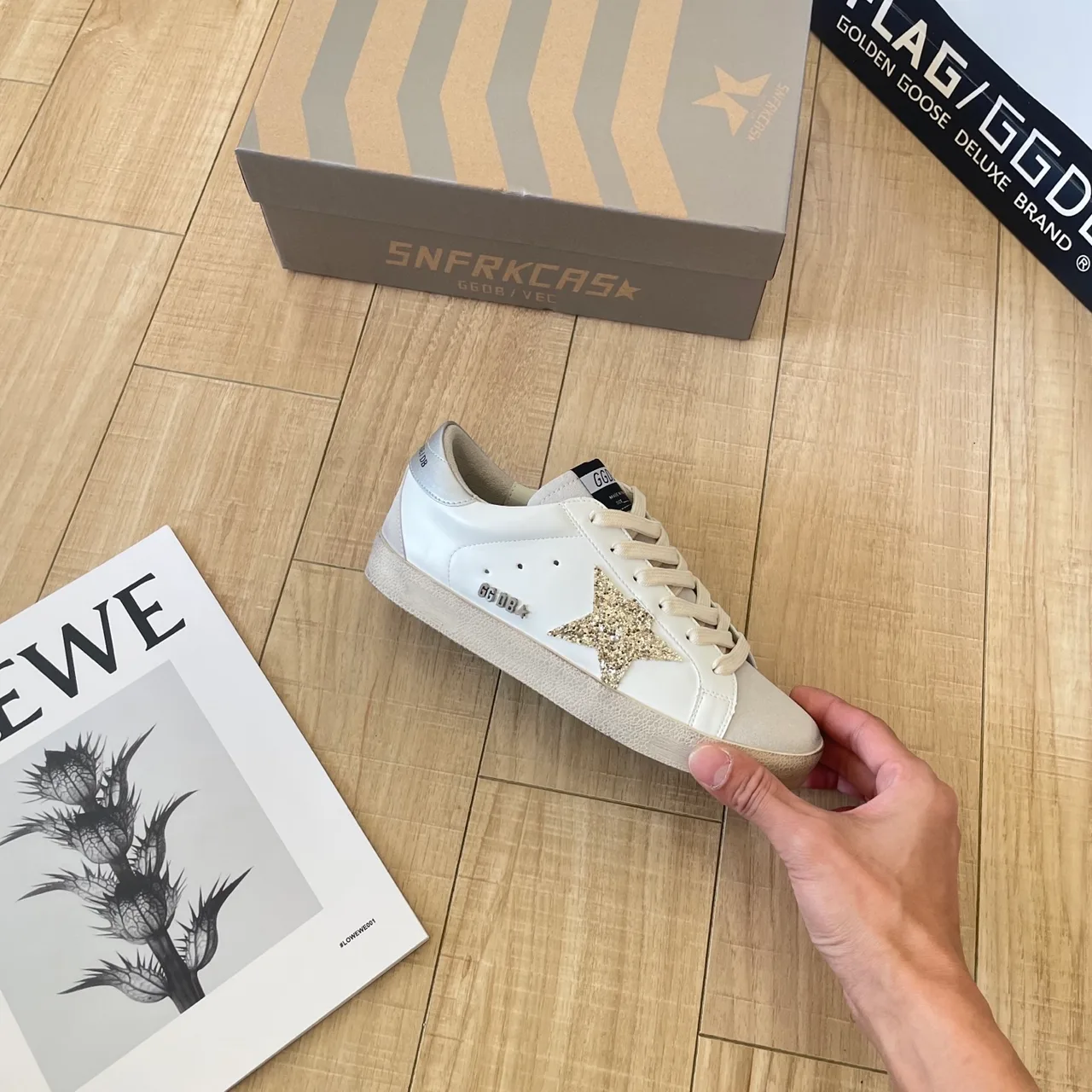 Golden Goose Calfskin Crystal Star Sneakers in White · view 7