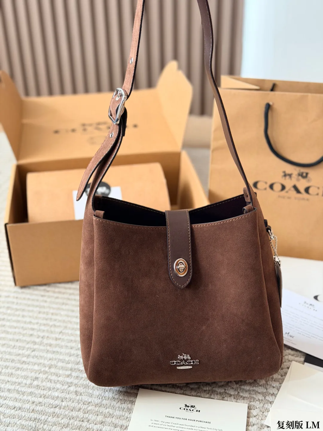 Coach Suede-Effect Bucket Bag in Brown & Blue · view 2