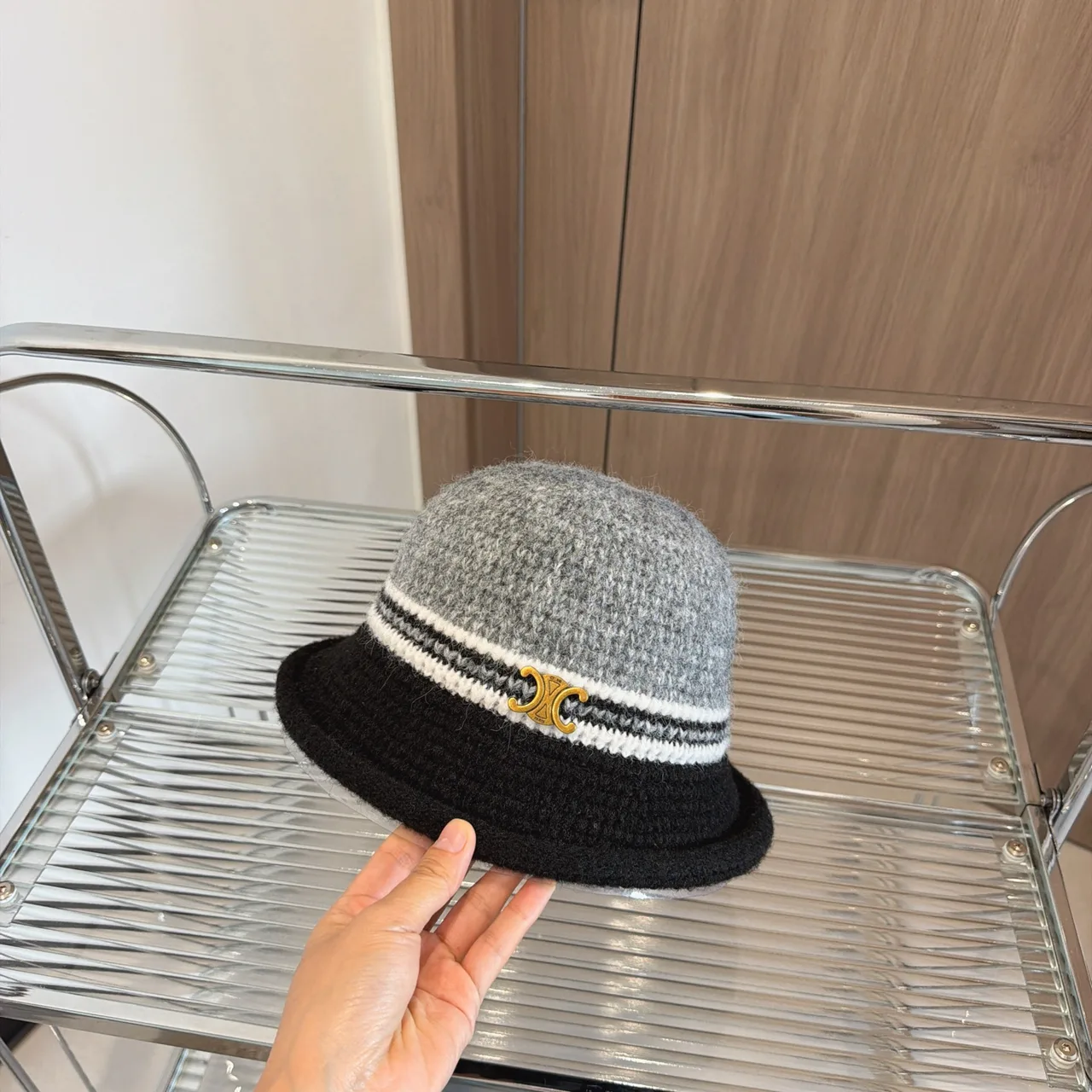 Celine Knit Bucket Hat in Grey & Tan & Cream · view 5