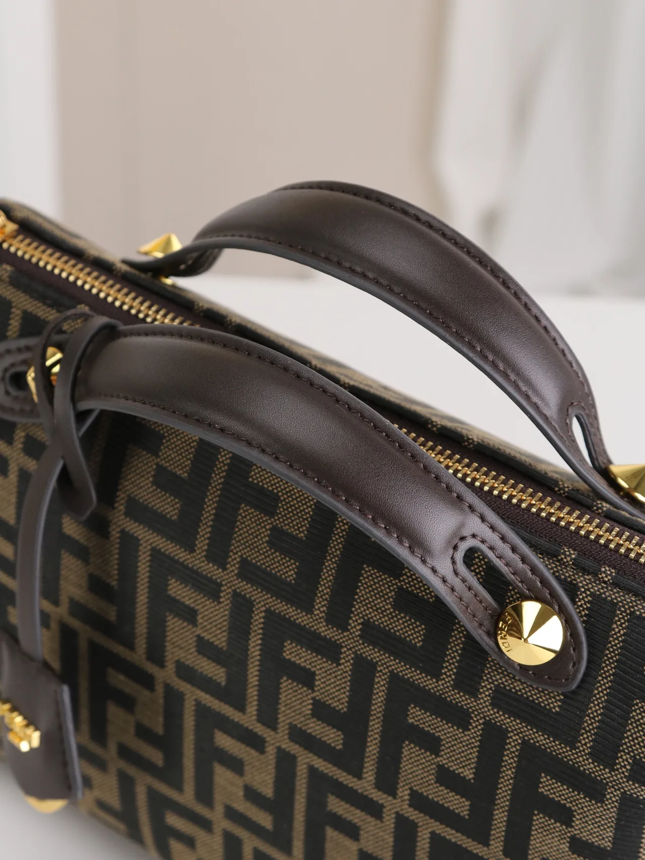 Fendi Calfskin FF-Monogram Top-Handle Zip Satchel in Brown · view 5