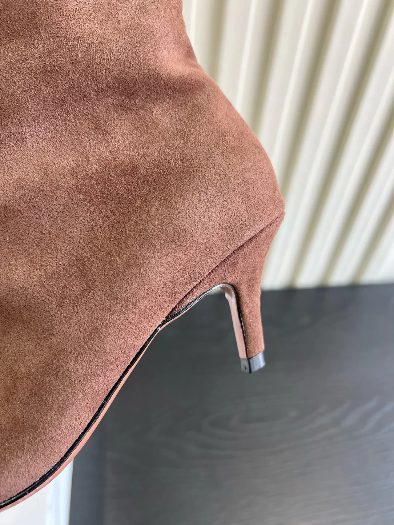 Amina Muaddi Cowhide Glossy Suede-Look Pointed-Toe Pointed Knee-High Boots in Pink · view 8