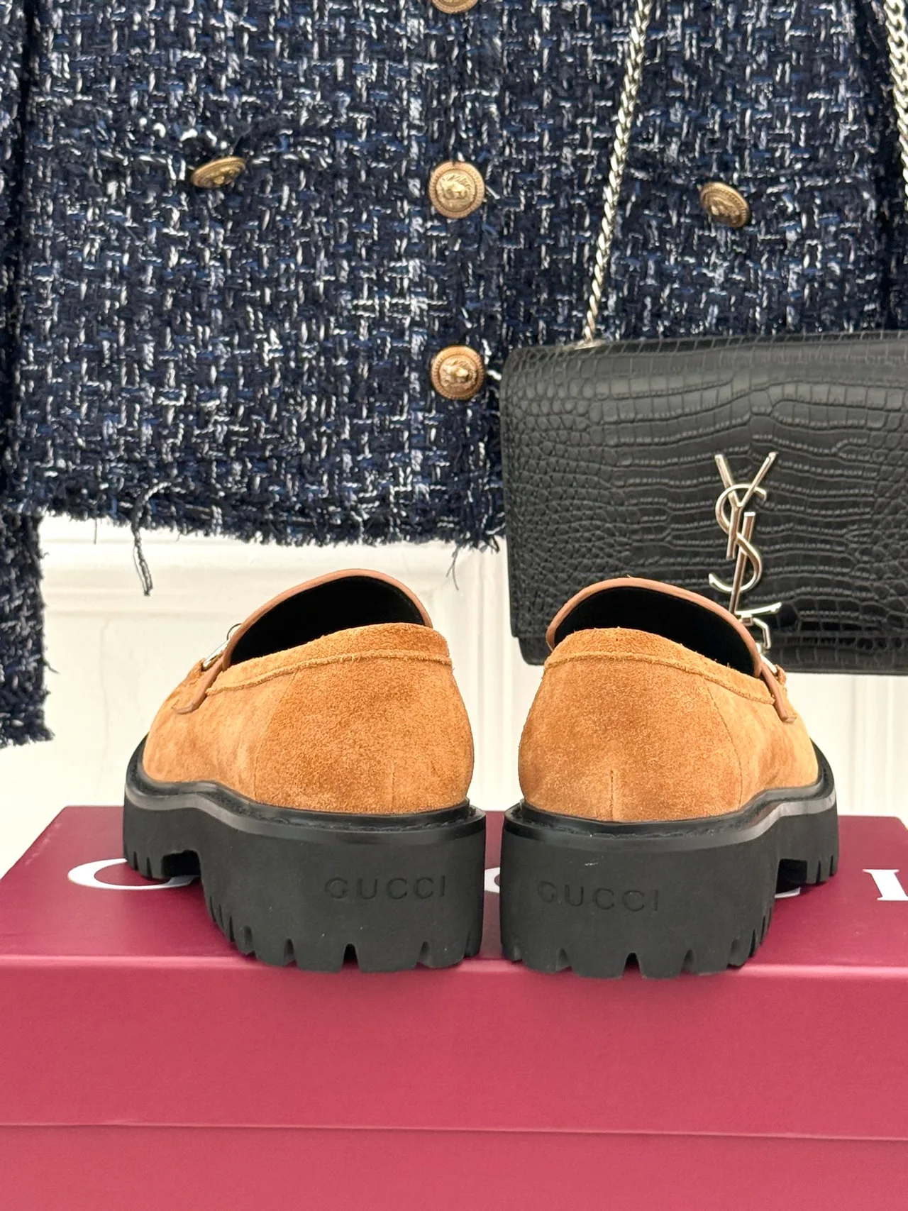 Gucci Glossy Suede-Look Round-Toe Loafers in Tan · view 6