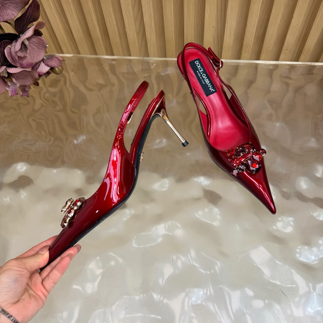 Dolce & Gabbana Patent Leather Embellished Slingback Pumps in Red · view 8
