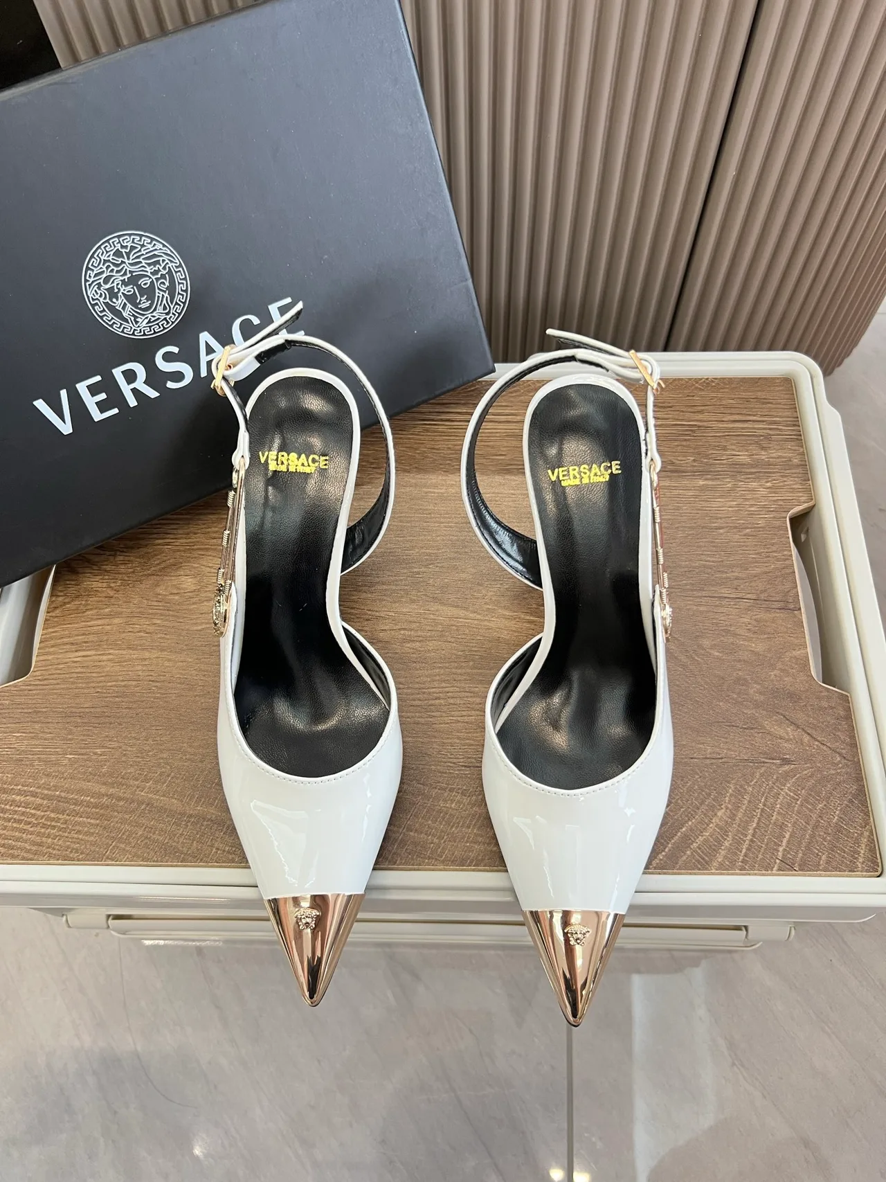 Versace Pointed-Toe Pointed Slingback Pumps in White · view 2