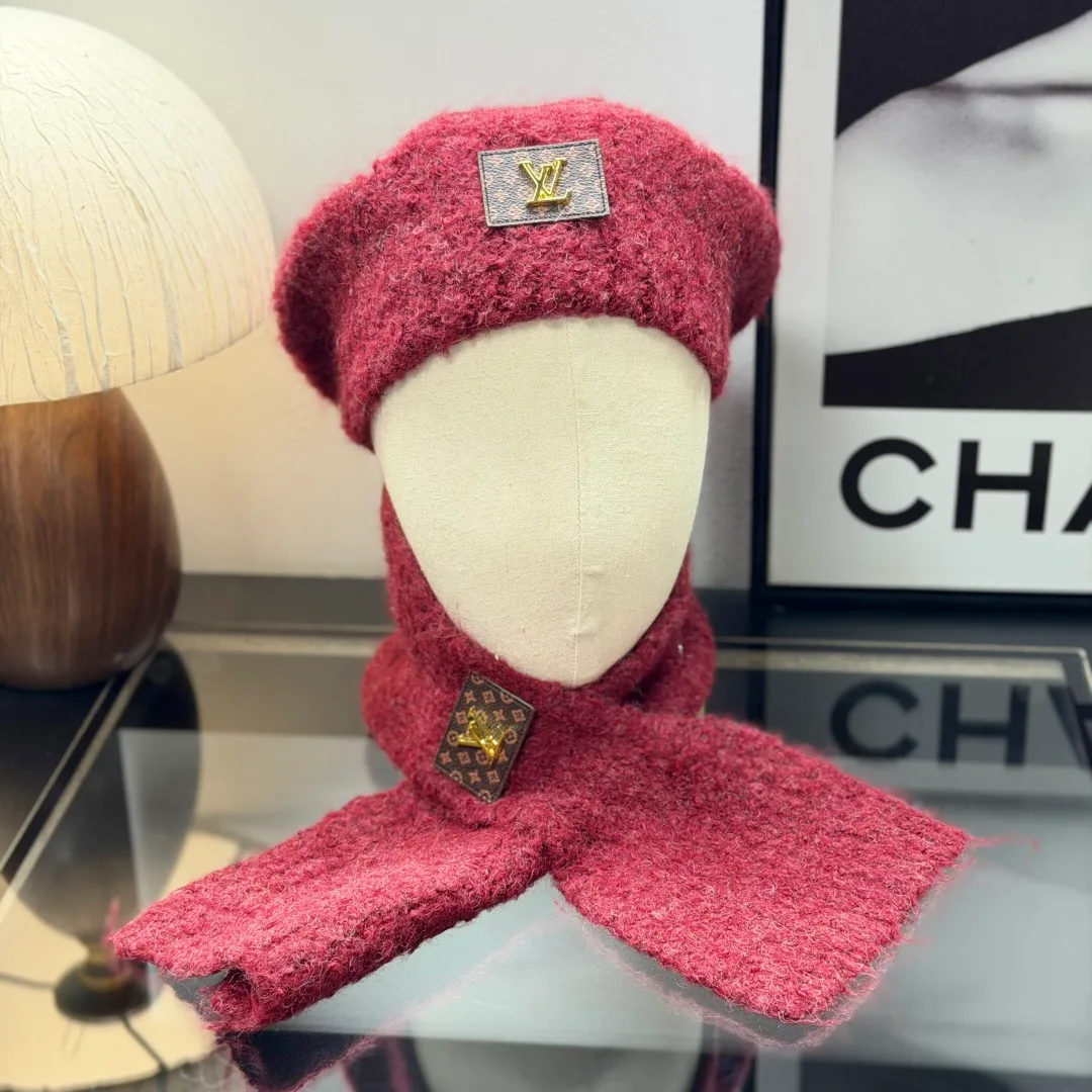 Louis Vuitton Wool Hat Scarf and Gloves Set in Red · view 2