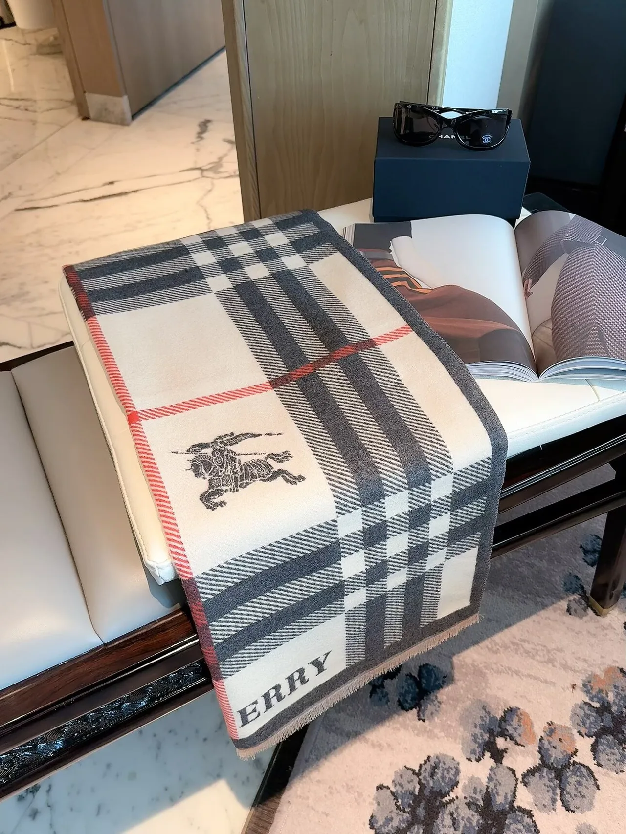 Burberry Check Fringed Scarf in Cream & Pink · view 1