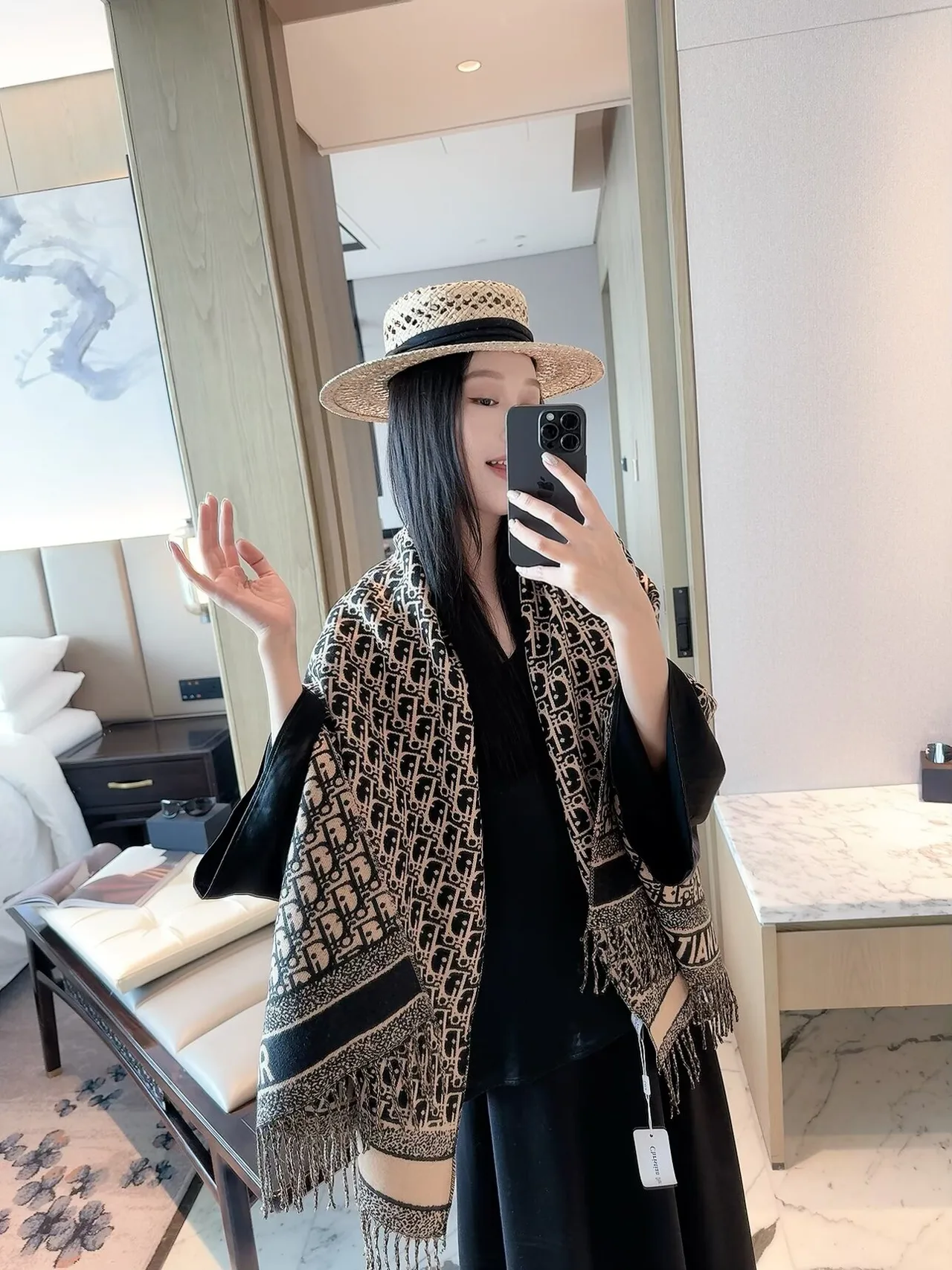 Dior Oblique Fringe Scarf in Grey & Beige · view 2