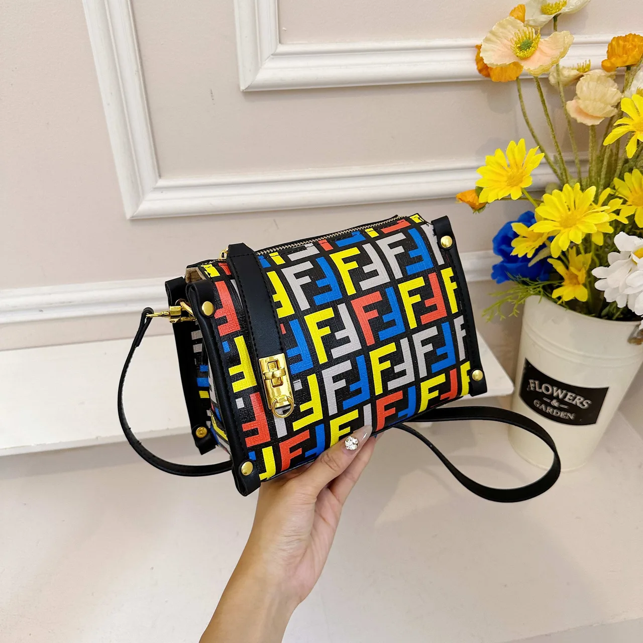 Fendi FF Box Crossbody Bag in Brown & Black & White · view 5