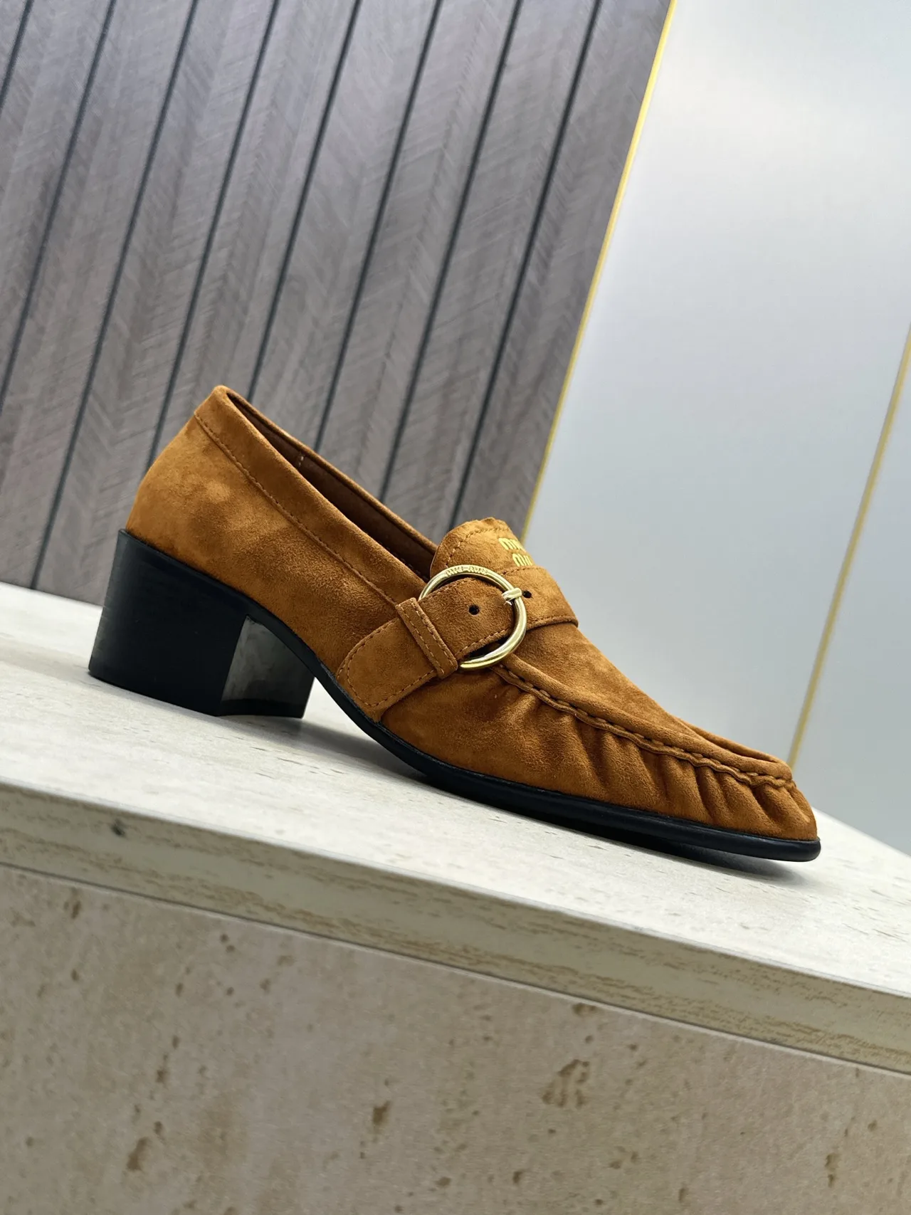 Miu Miu Cowhide Sheepskin Buckle Suede Heeled Loafers in Tan · view 6