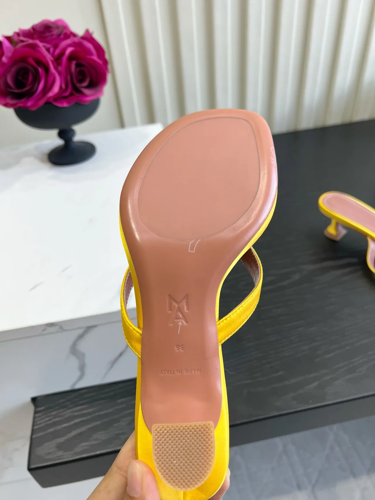 Amina Muaddi Silk Sandals in Yellow · view 6