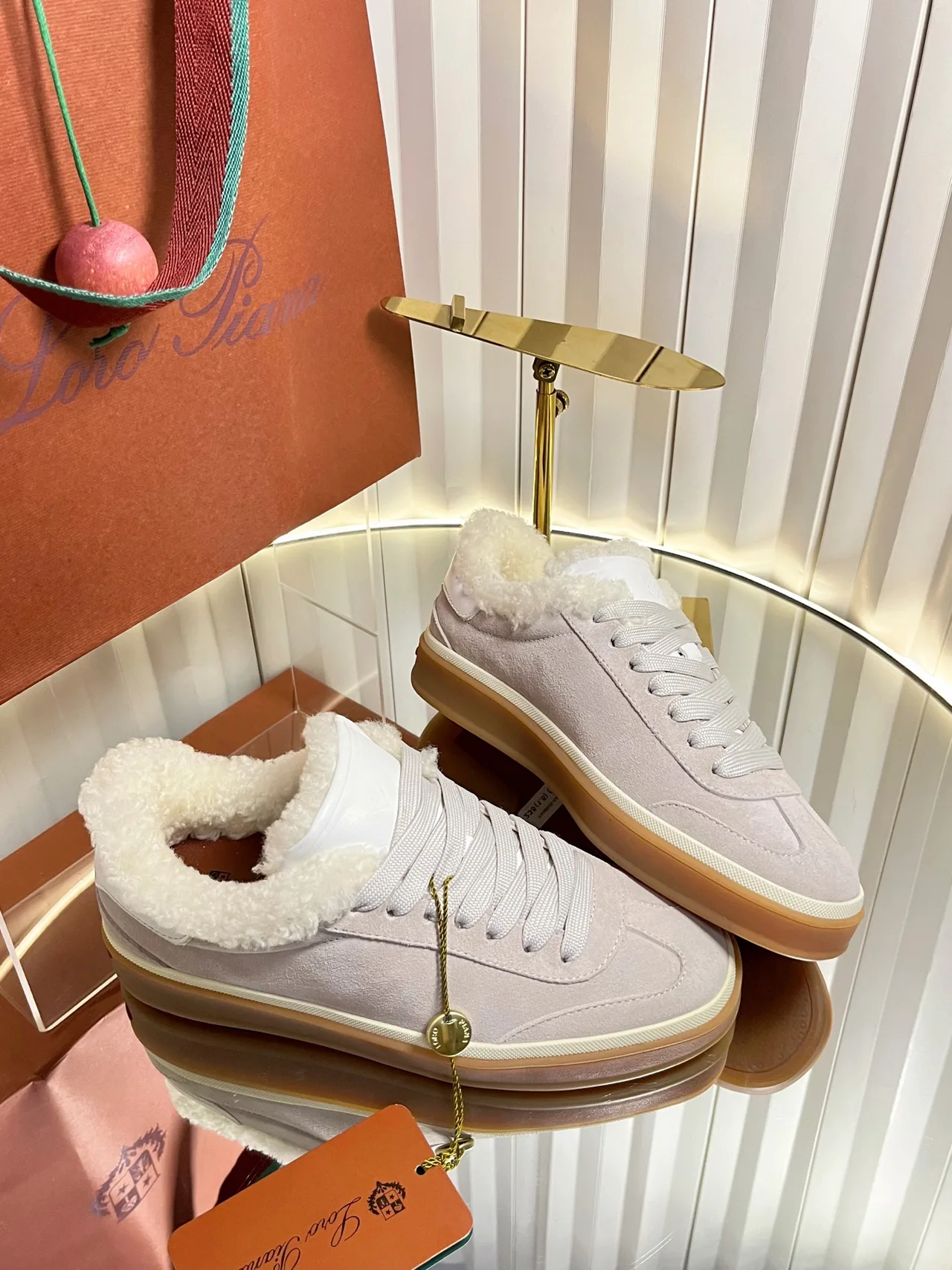Cashmere Round-Toe Lined Low-Top Sneakers in White · view 6