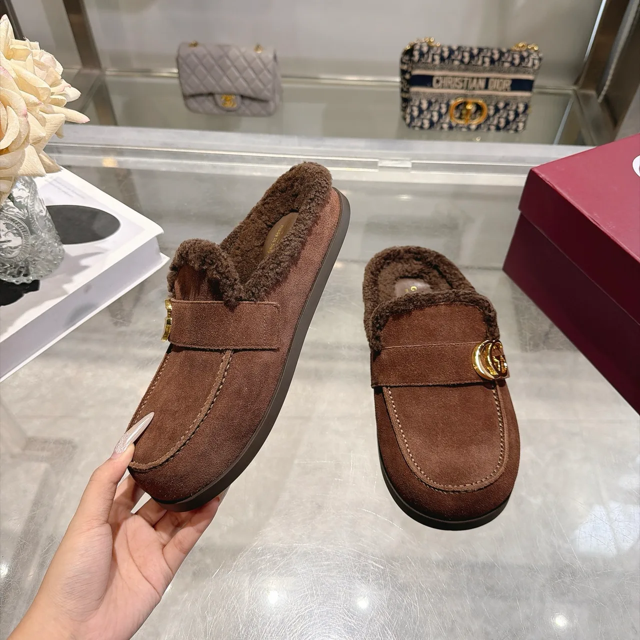 Gucci Cowhide Wool Suede-Look Buckle Mules in Brown · view 7