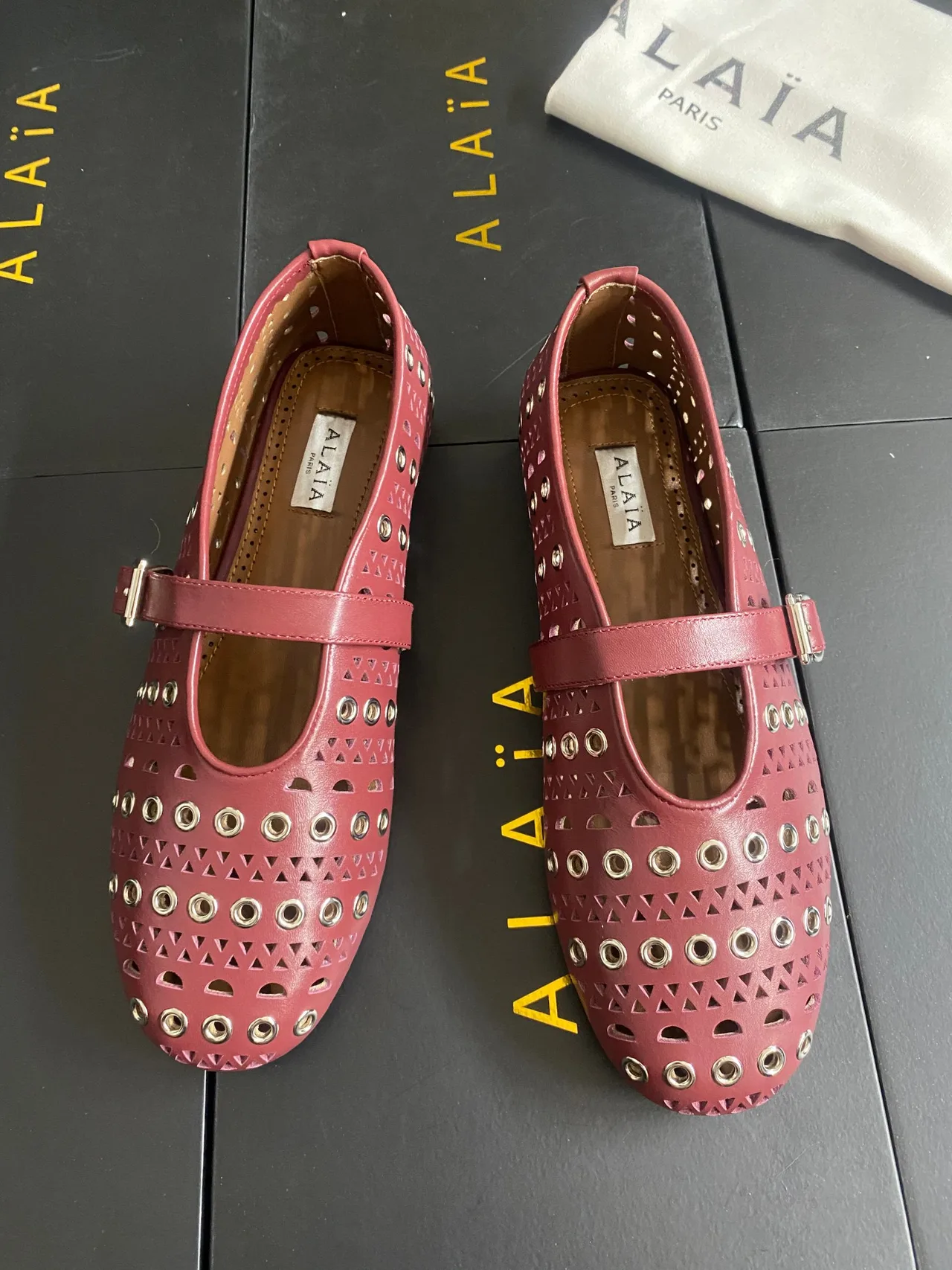 Alaia Cowhide Sheepskin Studded Mary Jane Flats in Burgundy · view 1