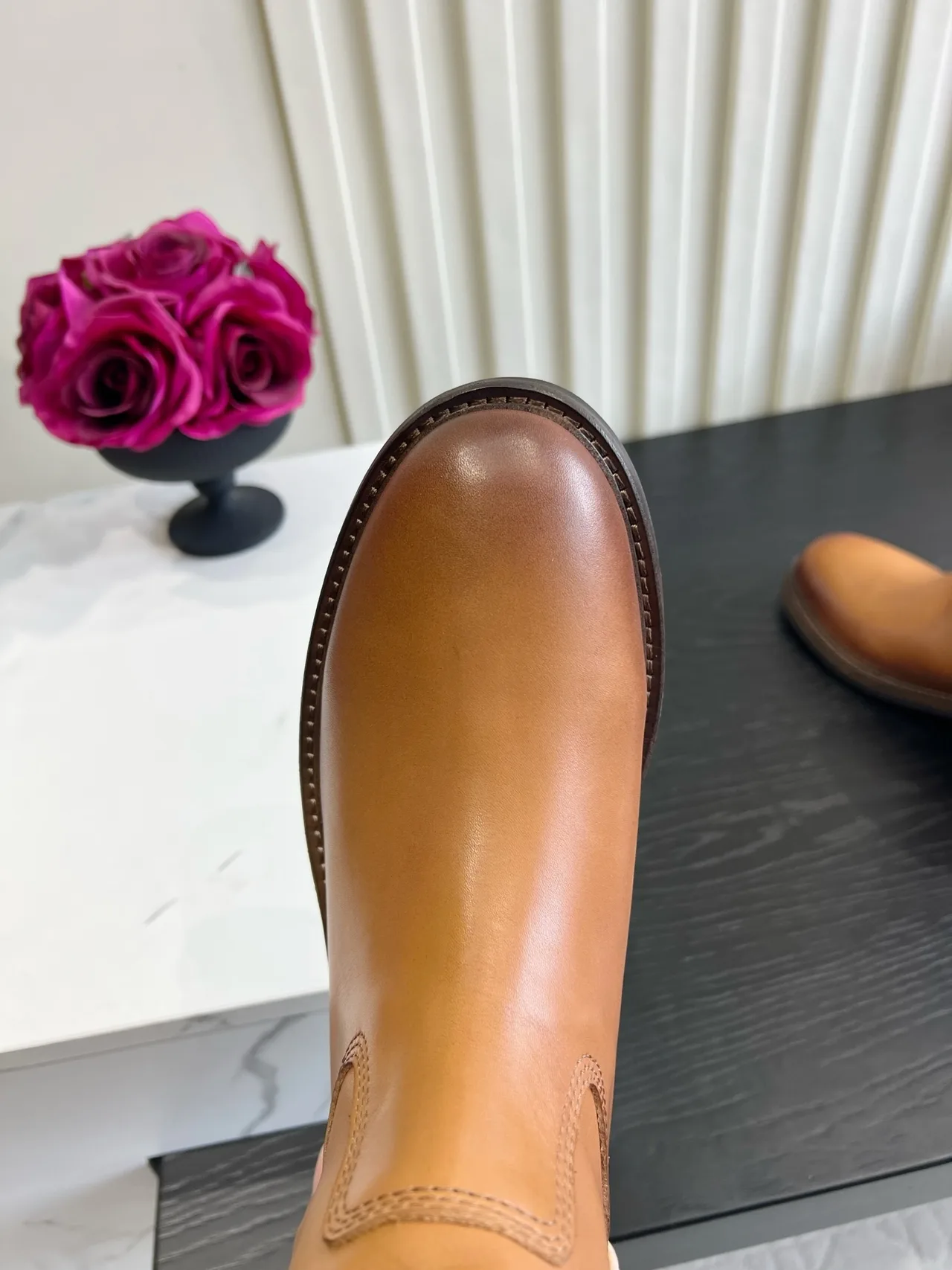 Miu Miu Cowhide Smooth Round-Toe Mid-Calf Boots in Tan · view 6
