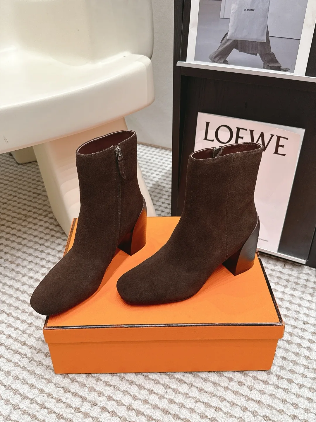 Loewe Glossy Suede-Look Pointed-Toe Ankle Boots in Brown · view 3