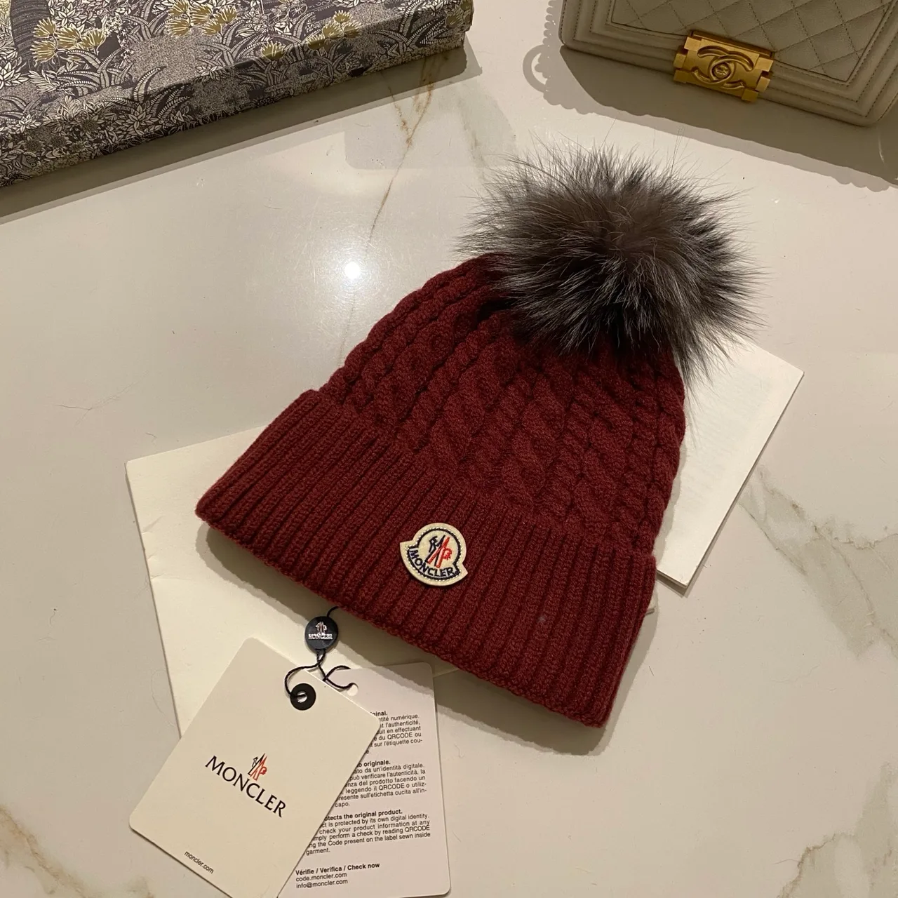 Moncler Cable Pom Beanie in Black & White & Grey & Brown & Burgundy & Beige · view 5