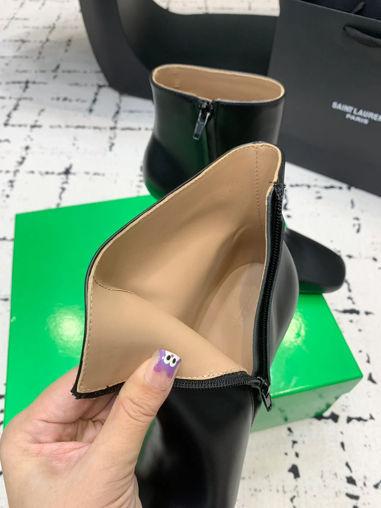 Calfskin Smooth Pointed-Toe Knot-Heel Ankle Boots in Black · view 7
