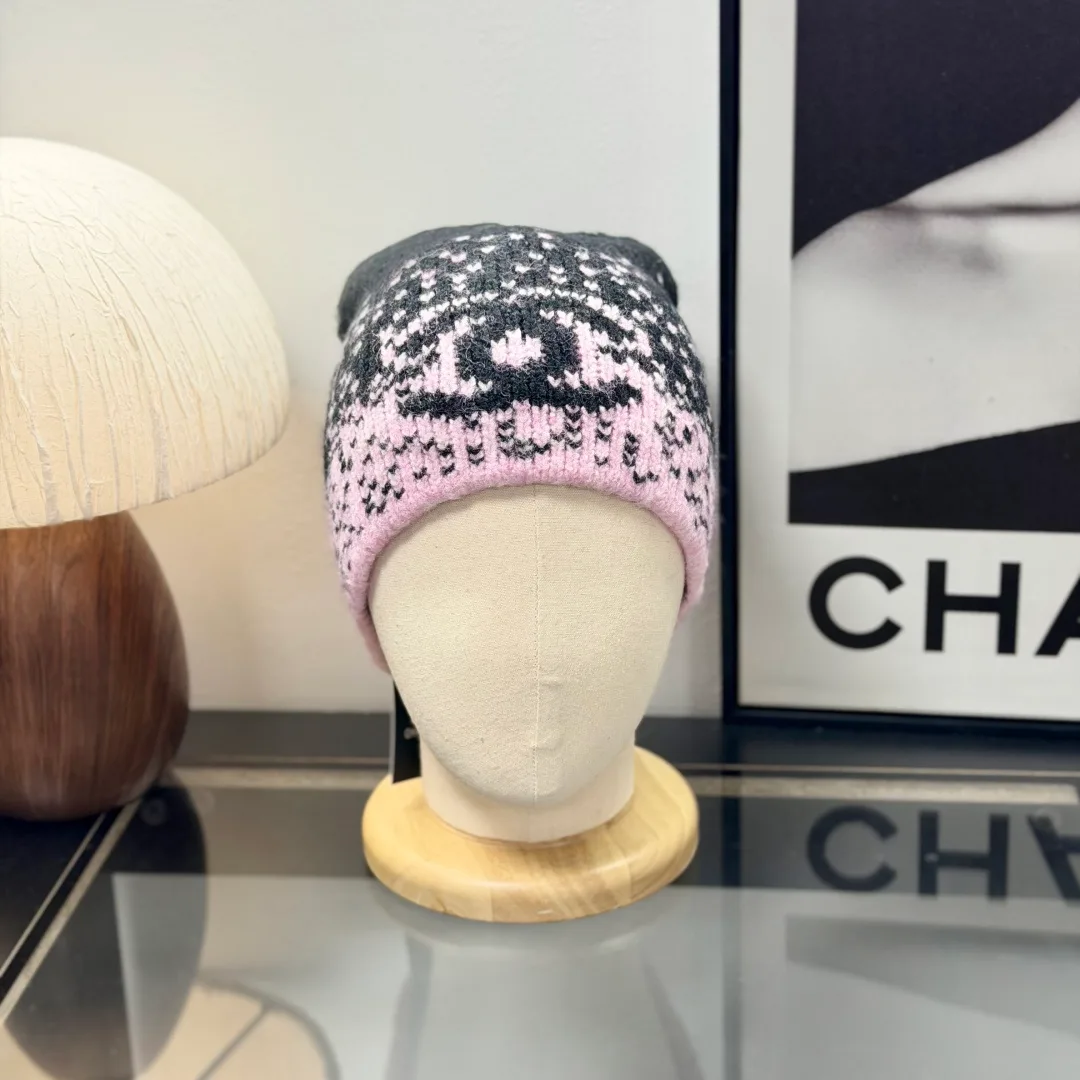 Chanel CC Jacquard Beanie in Black & Grey & Beige & White · view 3