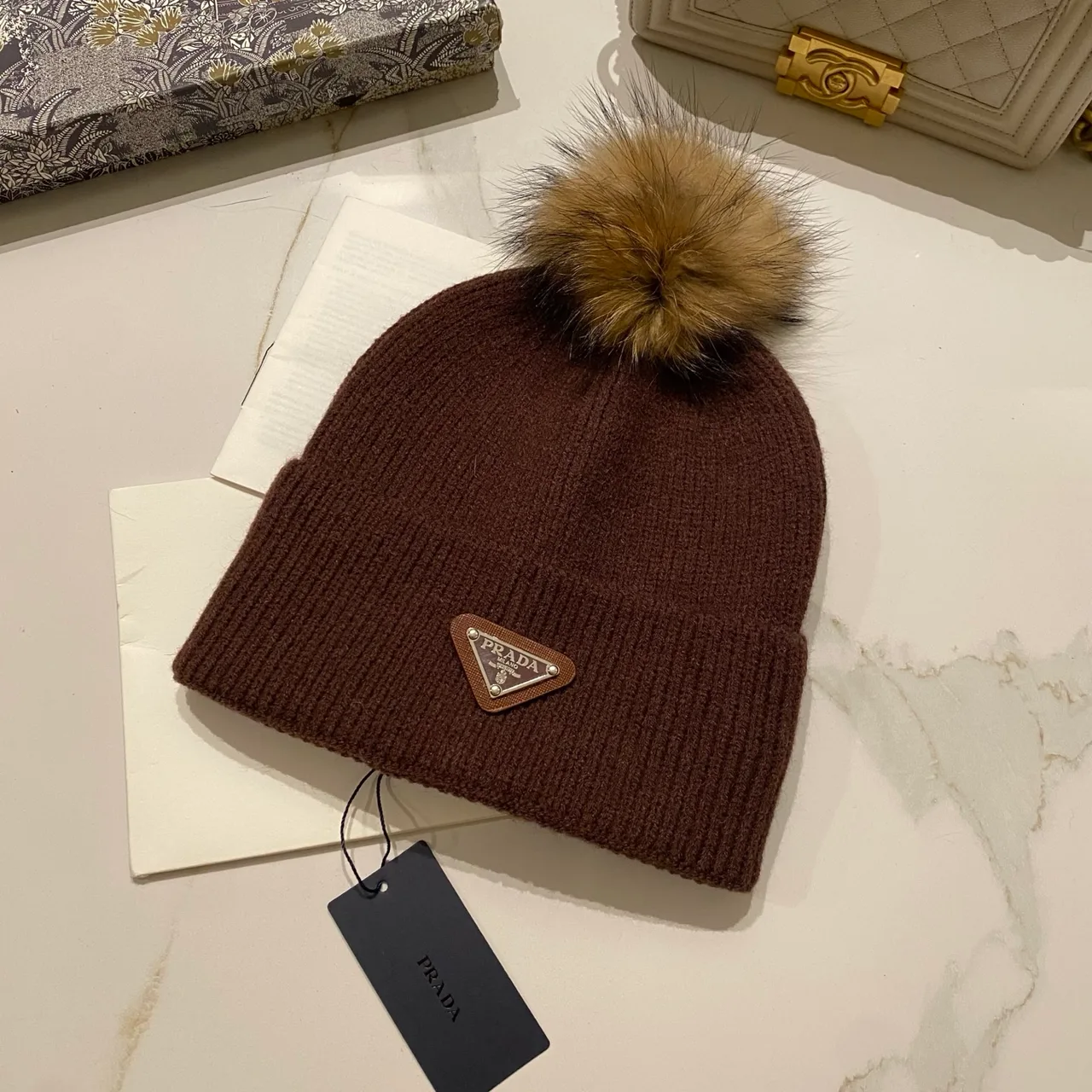 Prada Pom Knit Beanie in Red & Blue & Orange & Yellow & Pink & Brown & Grey & Black & White & Beige · view 3