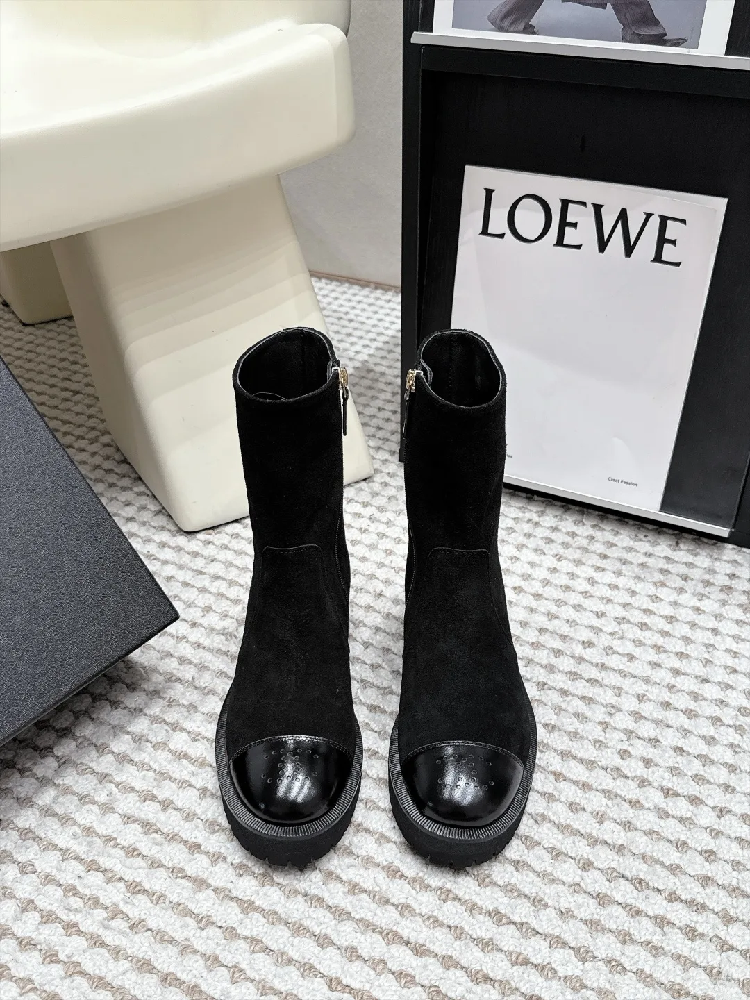 Loewe Cowhide Suede-Look Round-Toe Suede Ankle Boots in Black · view 1