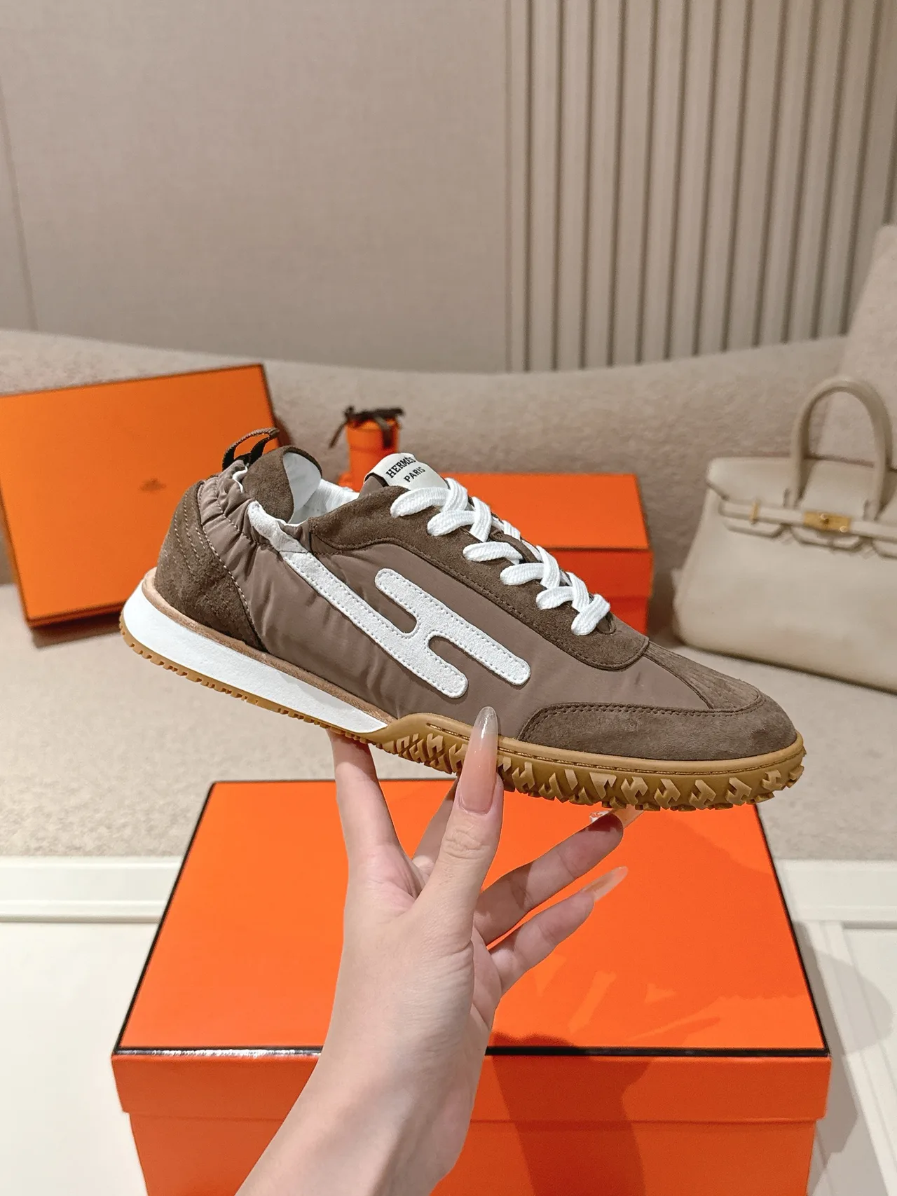 Hermes Sheepskin Suede Sneakers in Brown · view 6