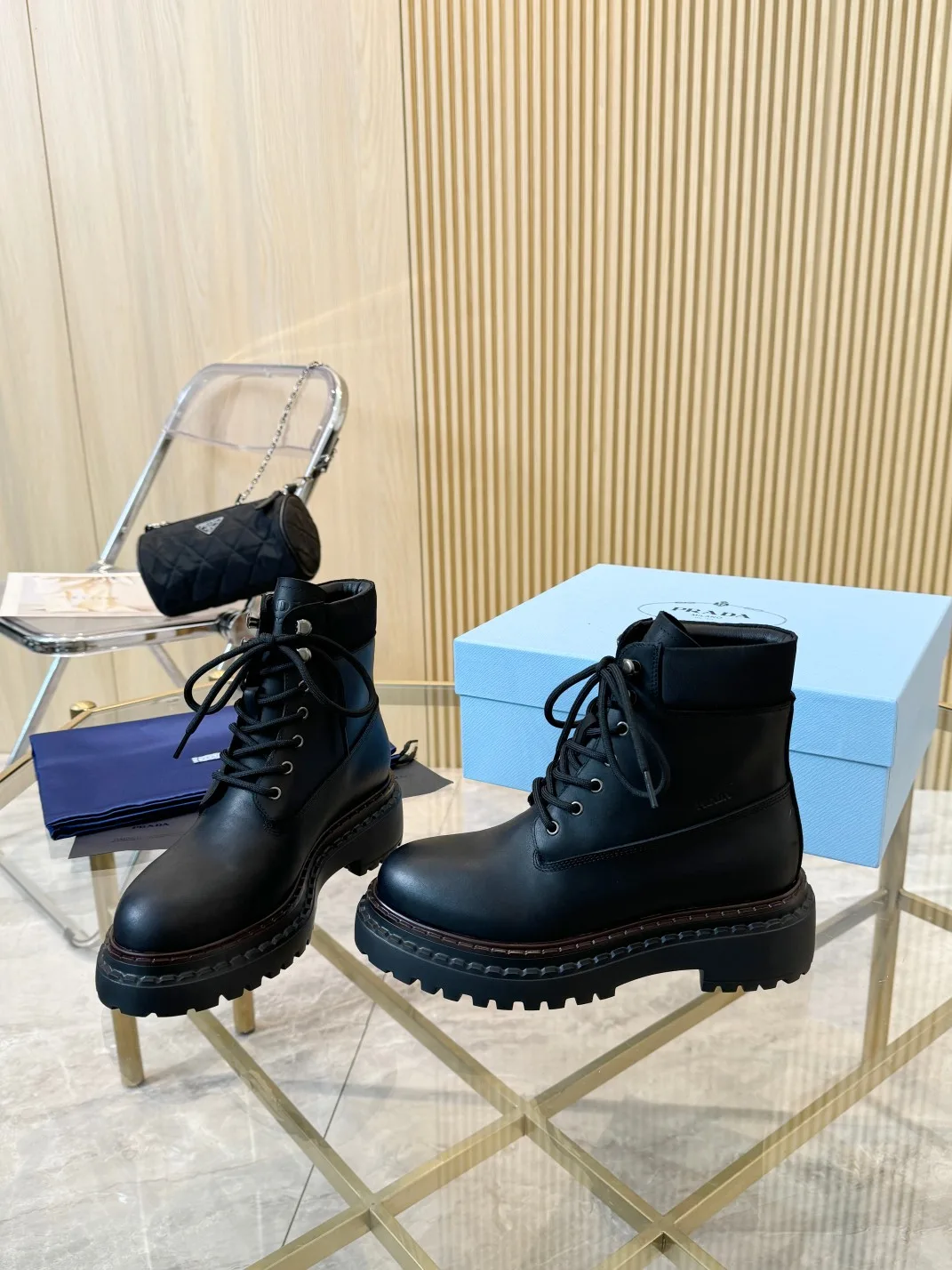 Prada Lace-Up Ankle Boots in Black · view 1