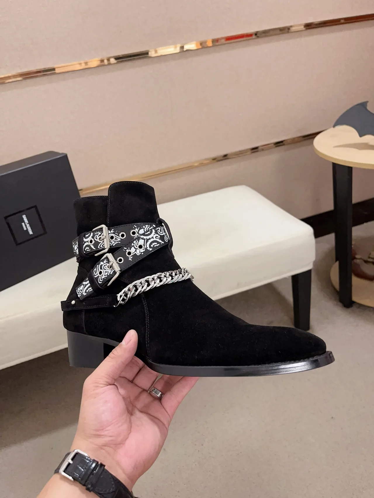 AMIRI Cowhide Suede-Look Pointed-Toe Bandana Strap Ankle Boots in Black · view 4