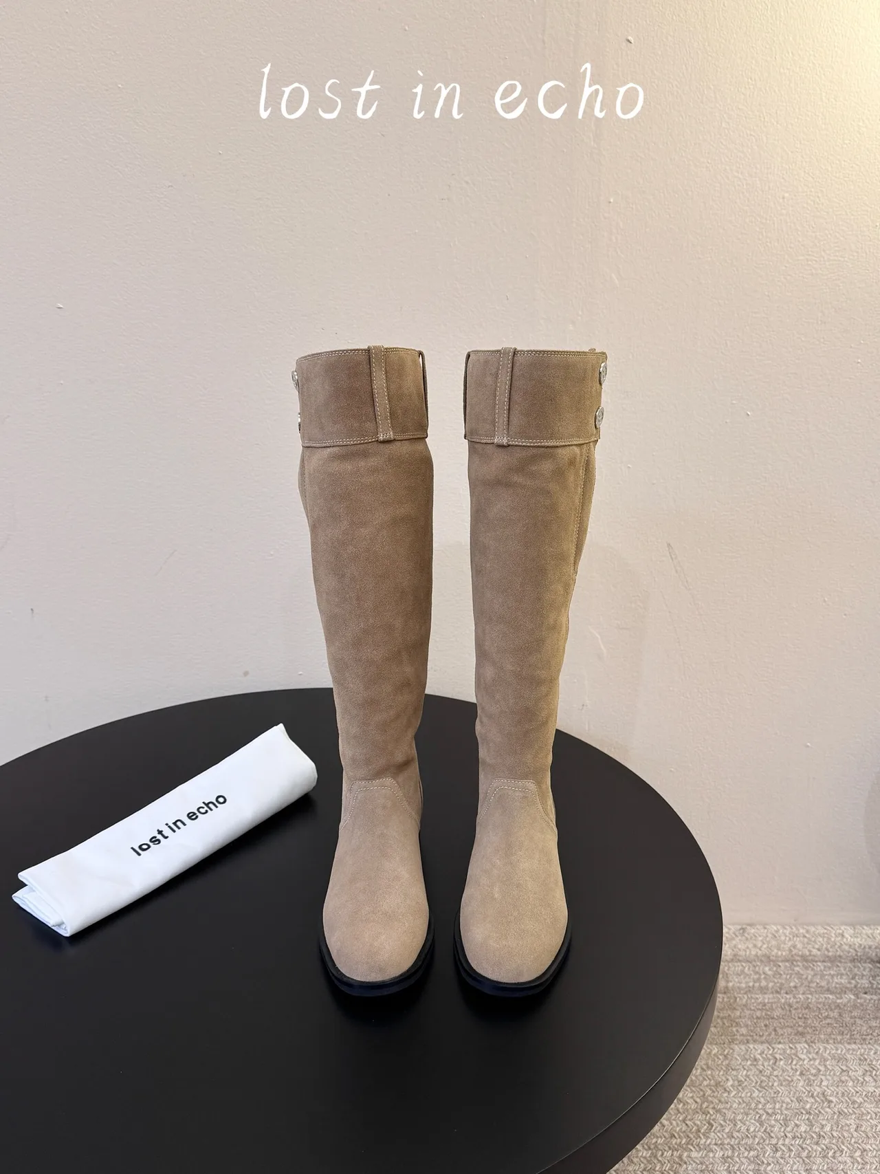 Lost in Echo Suede-Look Round-Toe Knee-High Boots in Beige · view 5