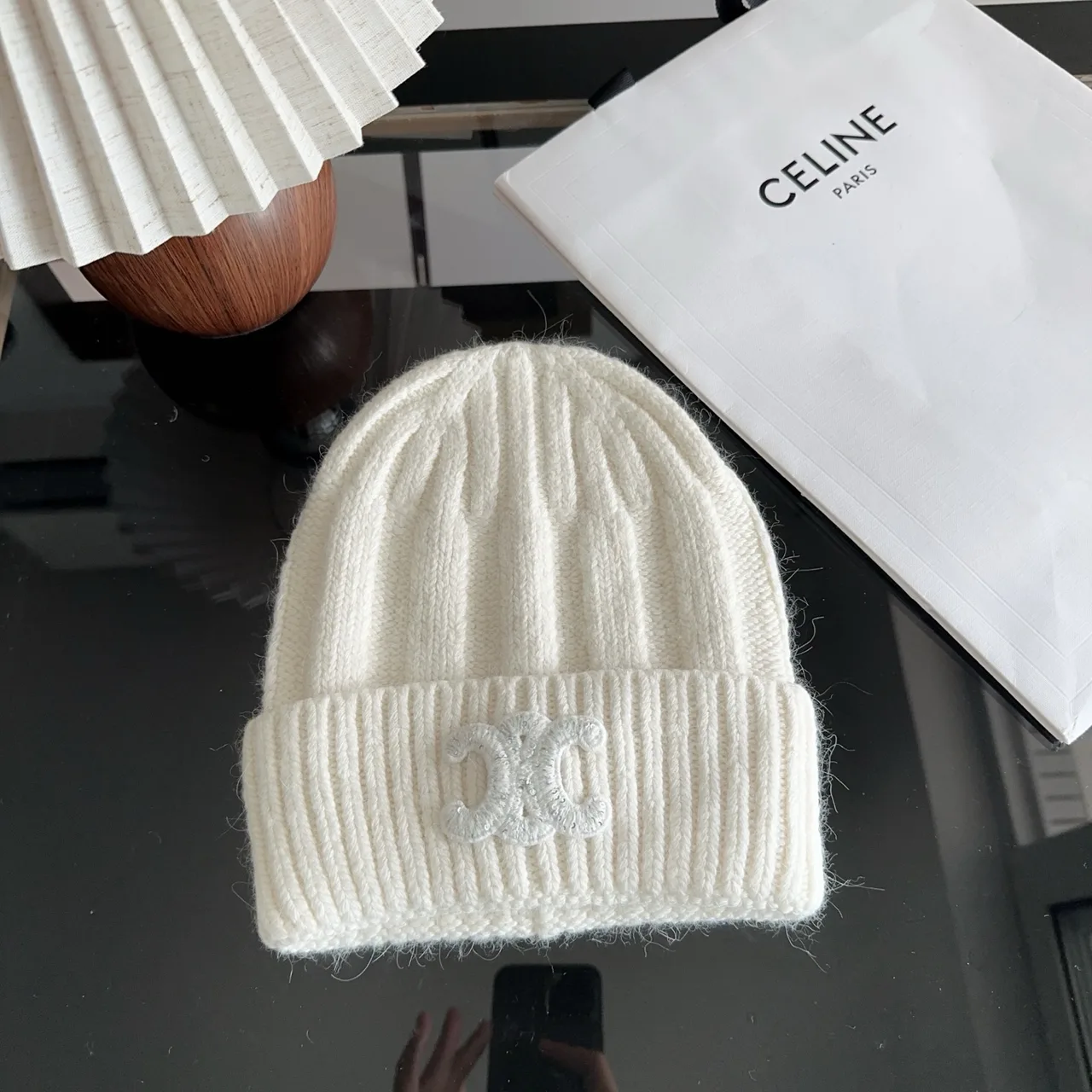 Celine Ribbed Glossy Beanie in White · view 1