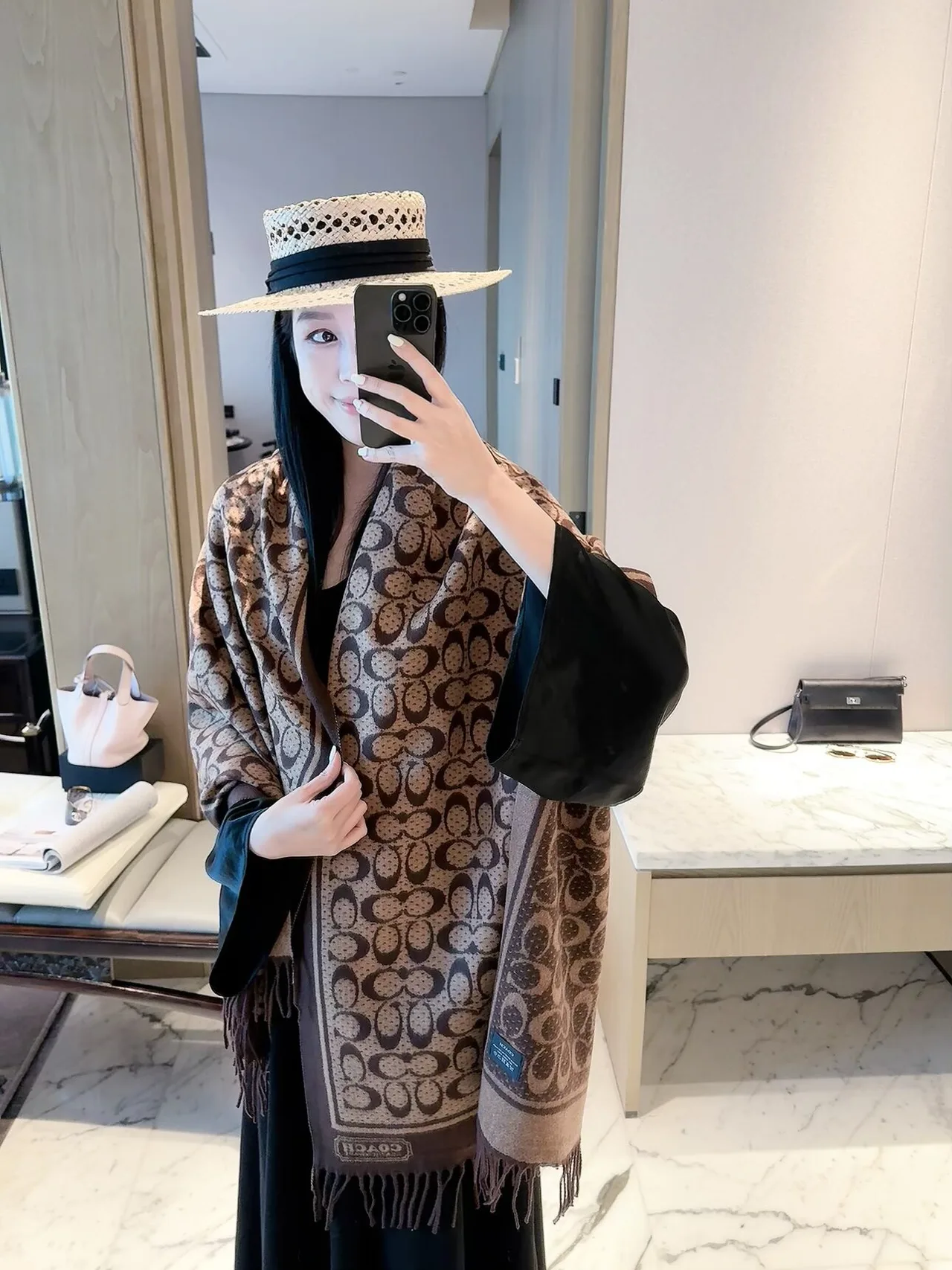 Coach C Jacquard Scarf in Beige & Brown · view 6