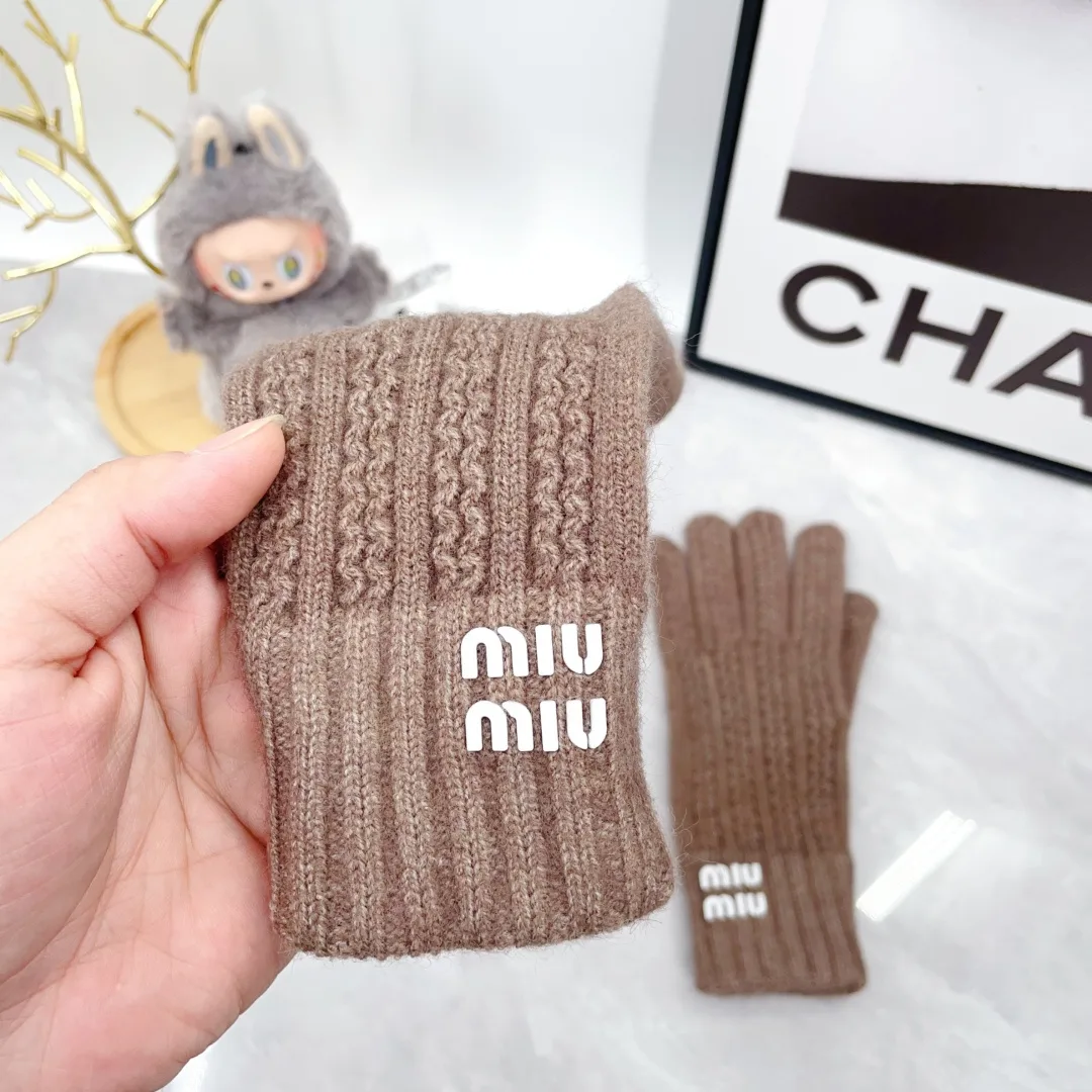 Miu Miu Wool Embroidered Hat Scarf and Gloves Set in Brown · view 8