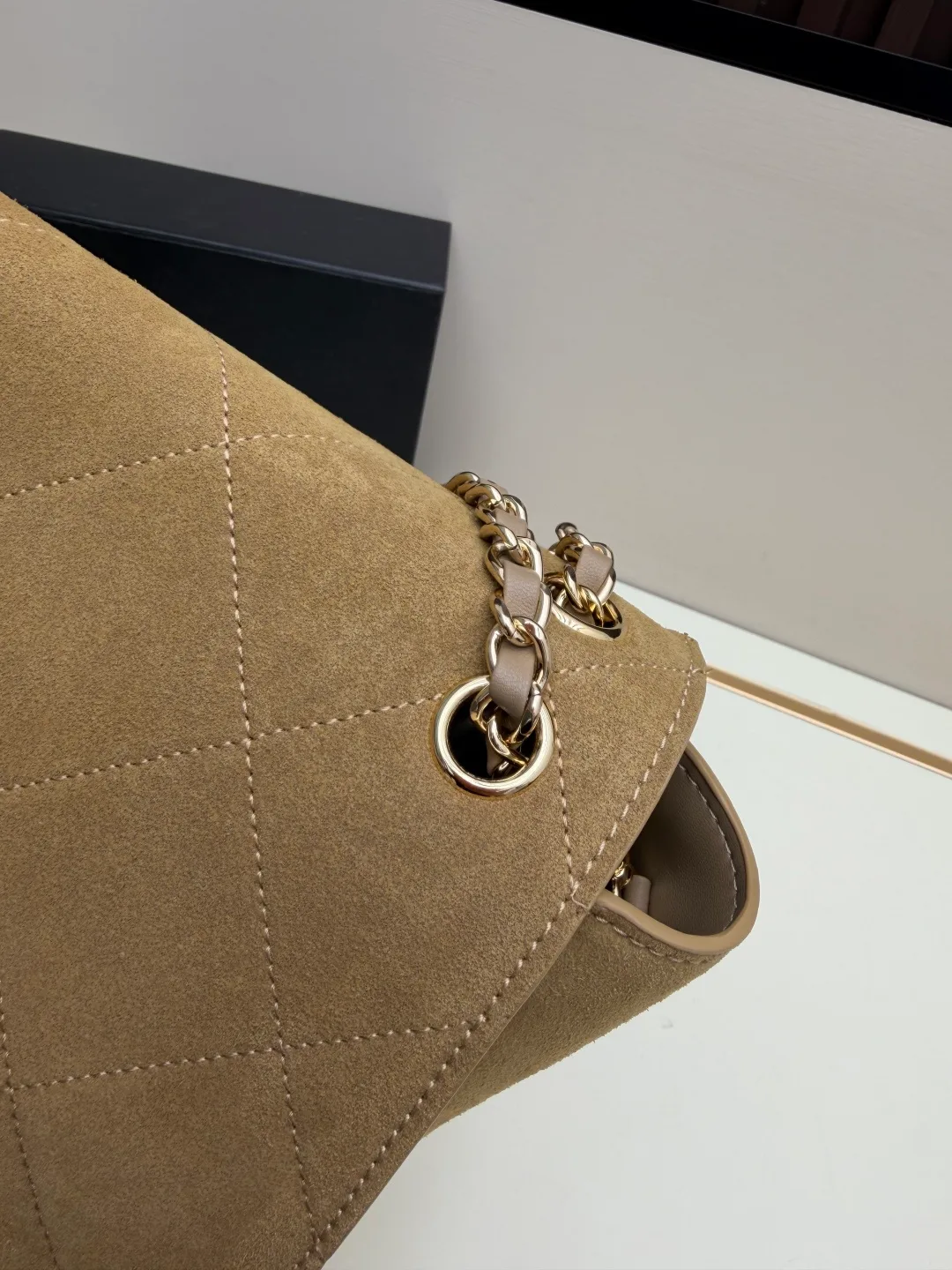 Chanel Suede Quilted Crossbody Bag in Beige · view 6