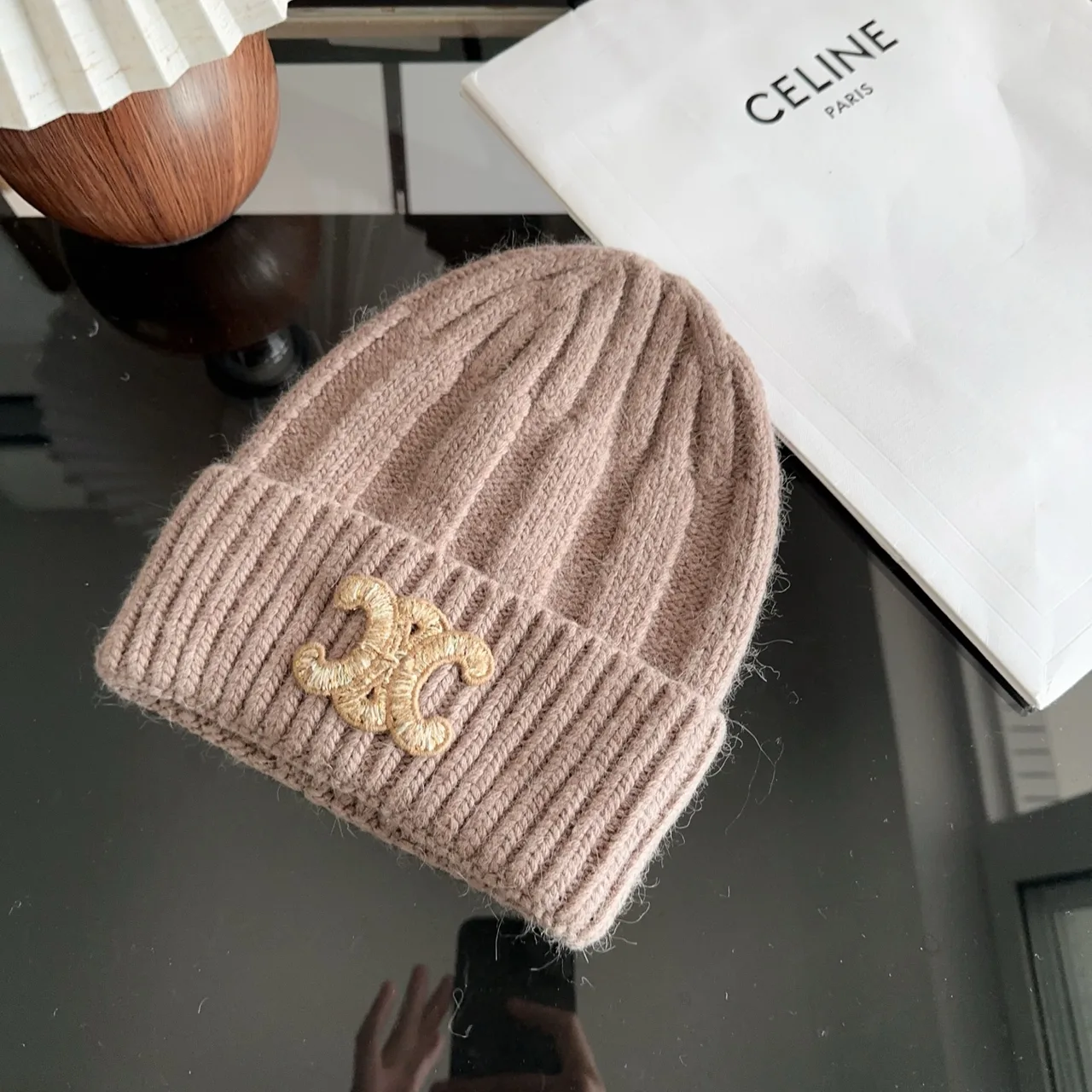 Celine Ribbed Glossy Beanie in Brown · view 2