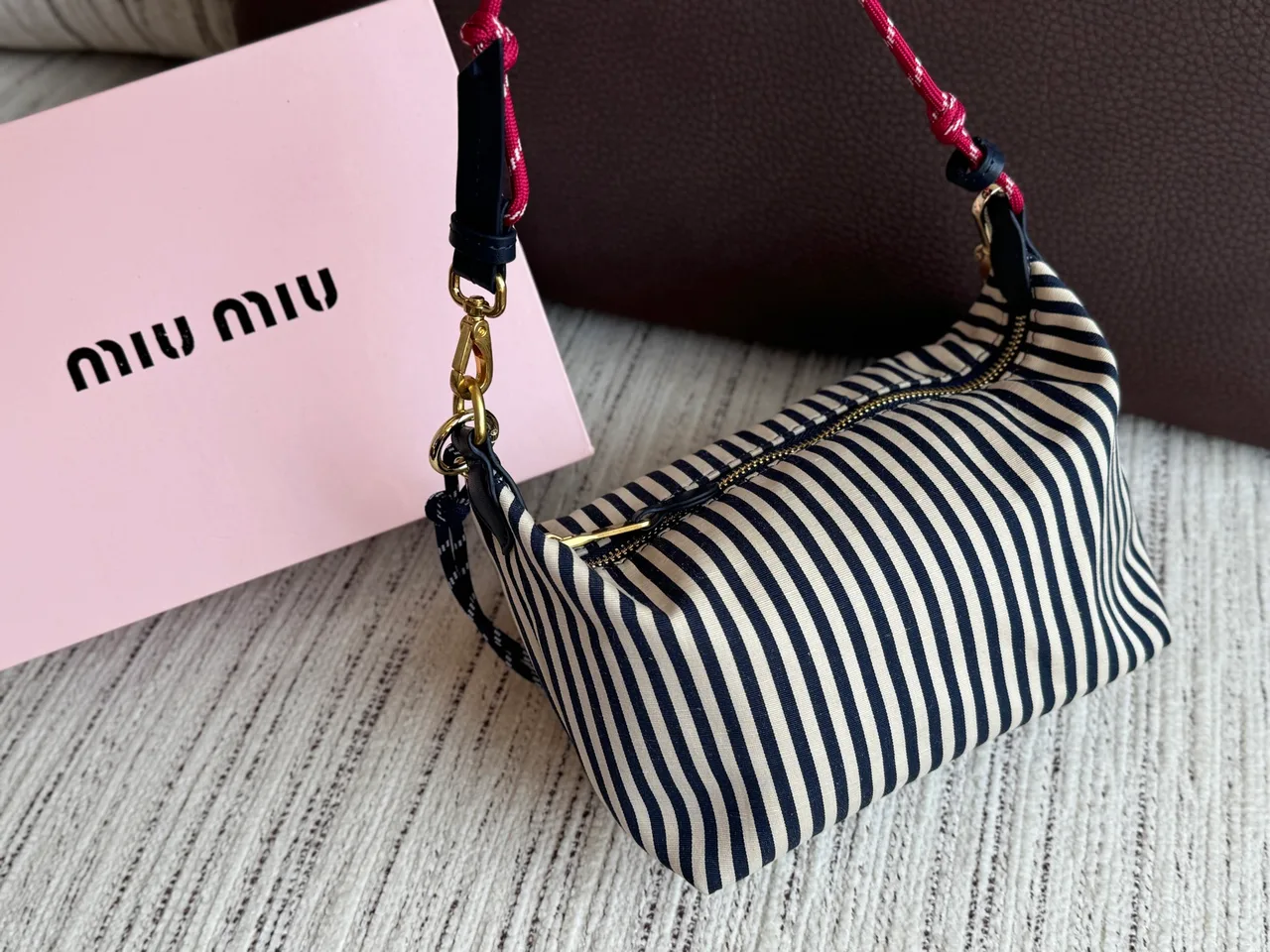 Miu Miu Striped Glossy Hobo Bag in Blue · view 3