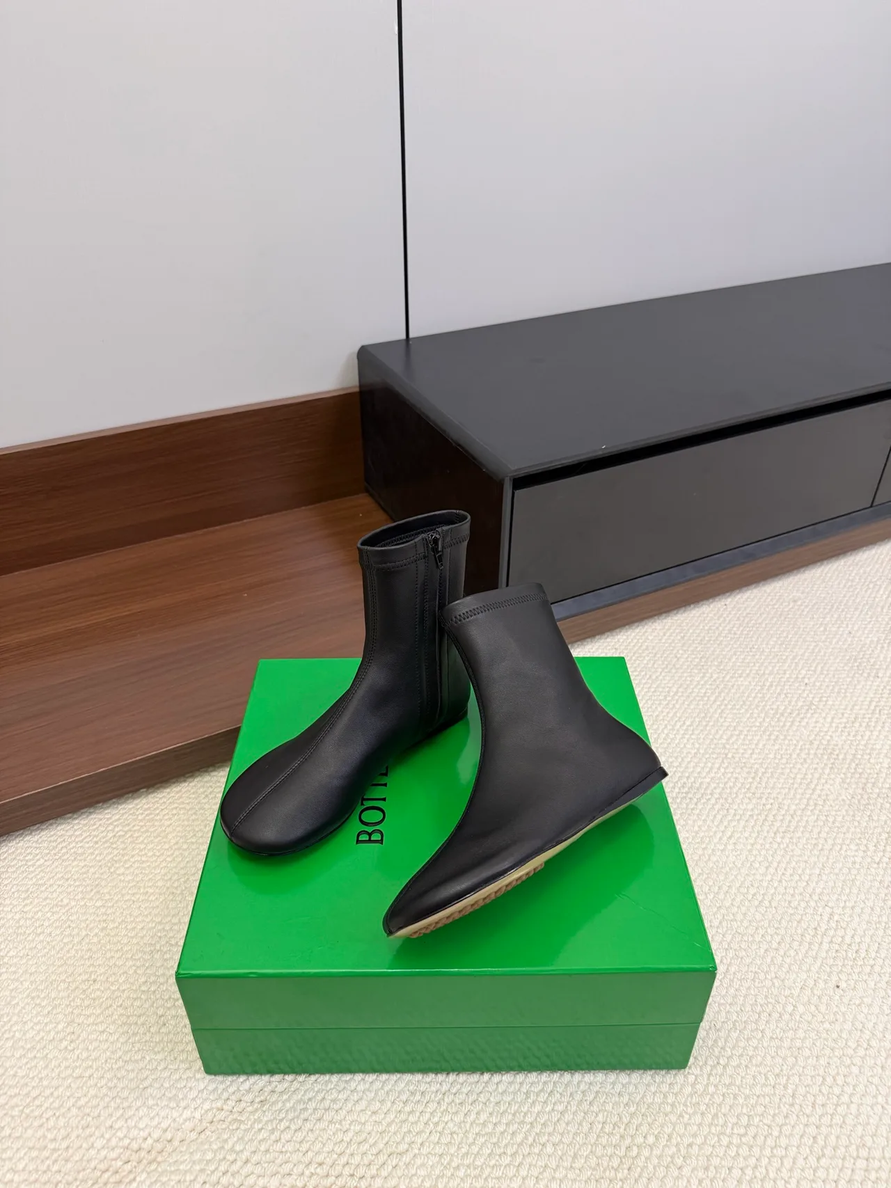 Bottega Veneta Sheepskin Glossy Ankle Boots in Black · view 3