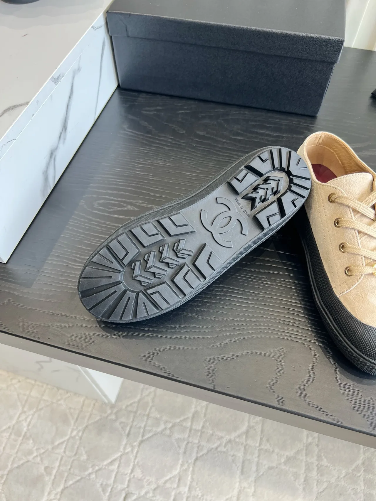 Chanel Suede-Look Round-Toe Sneakers in Beige · view 6