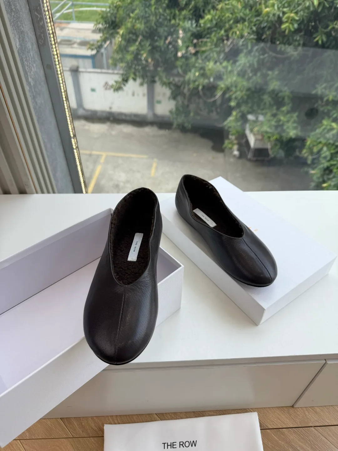 The Row Cowhide Smooth Square-Toe Slip-On Flats in Black · view 3