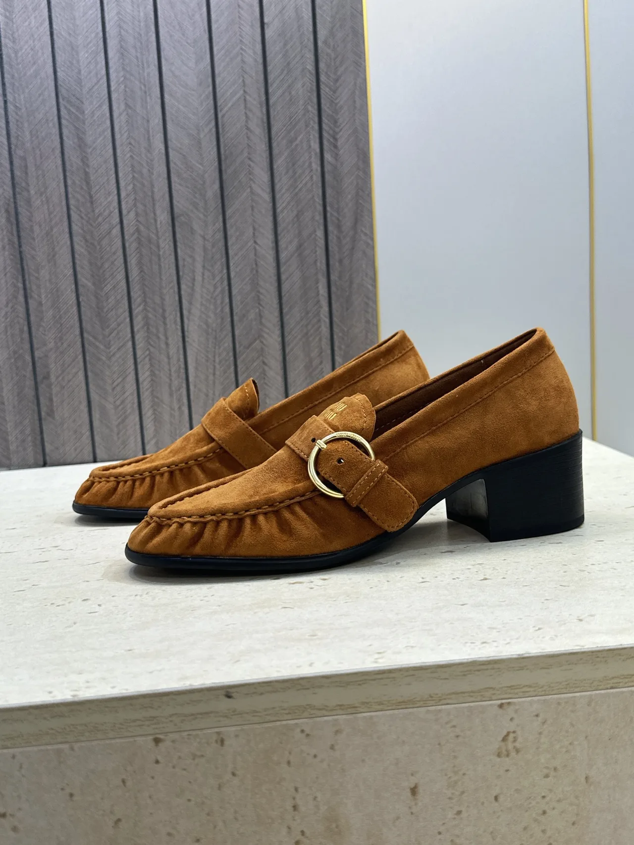 Miu Miu Cowhide Sheepskin Buckle Suede Heeled Loafers in Tan · view 5