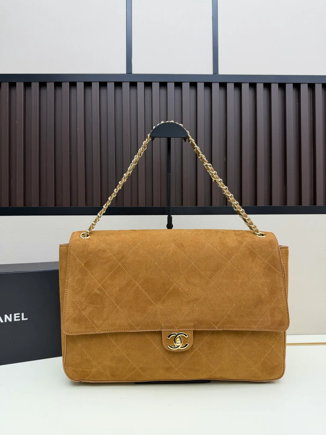 Chanel Suede Quilted Crossbody Bag in Tan · view 1