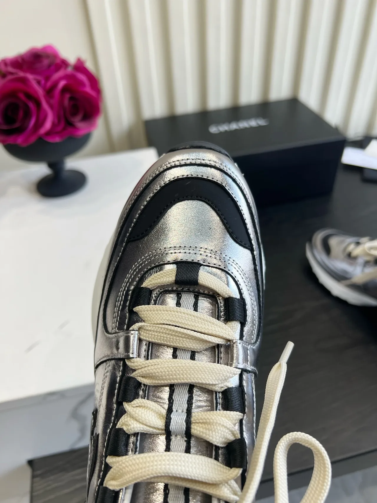 Chanel Striped Sneakers in Silver · view 7
