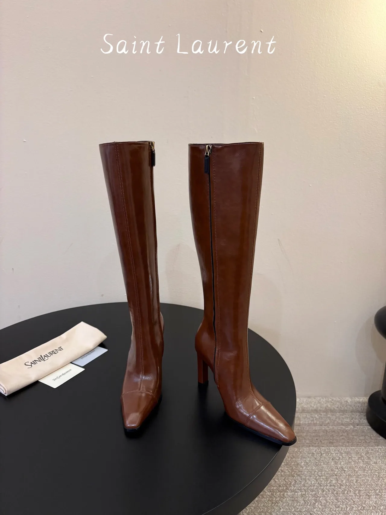 Saint Laurent Cowhide Sheepskin Knee-High Boots in Brown · view 2