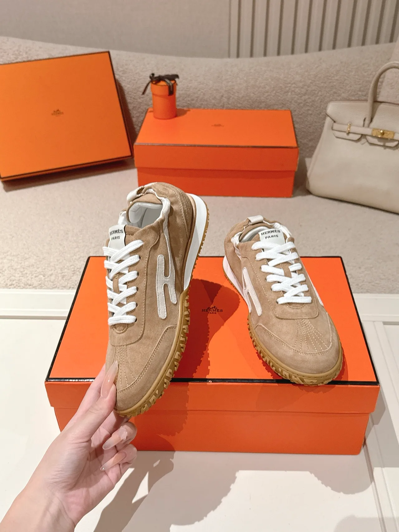 Hermes Sheepskin Suede Sneakers in Tan · view 4