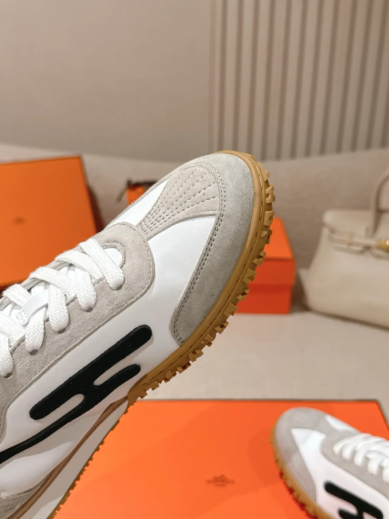 Hermes Sheepskin Suede Striped Round-Toe Sneakers in White · view 7