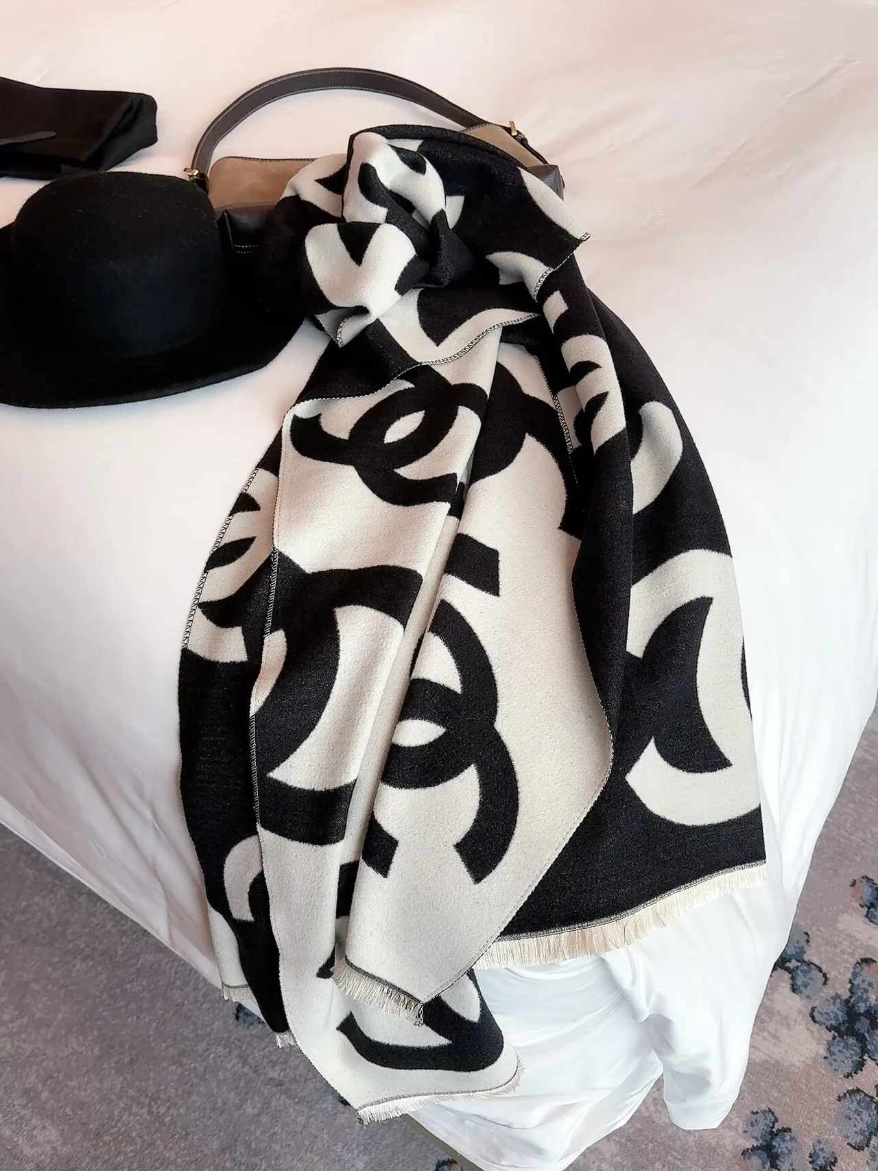 Chanel CC Jacquard Scarf in Beige & Black · view 7